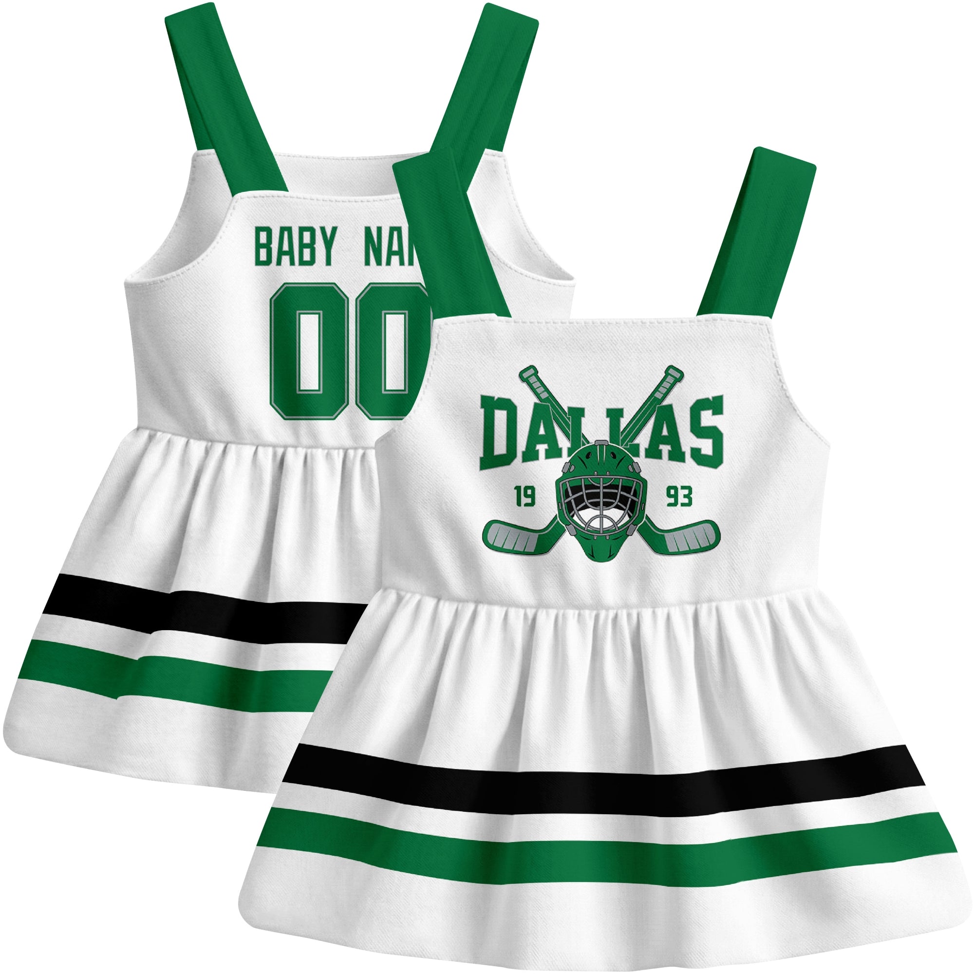 Dallas hockey baby suspender dress White style front and back view