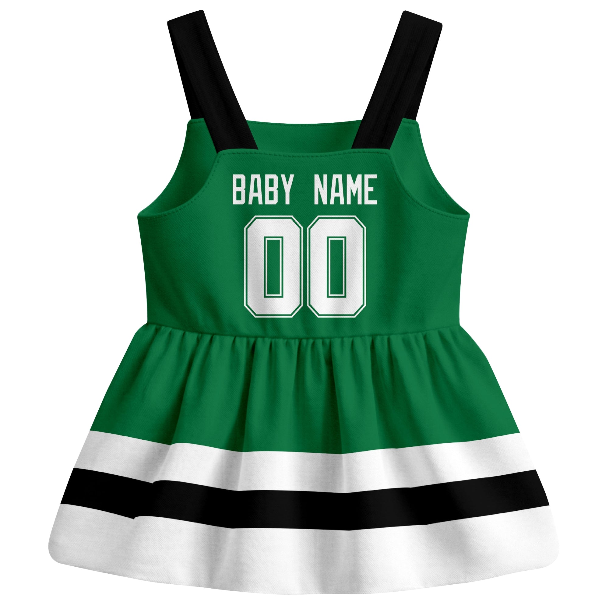Dallas hockey baby suspender dress Green style back view with custom baby name and number