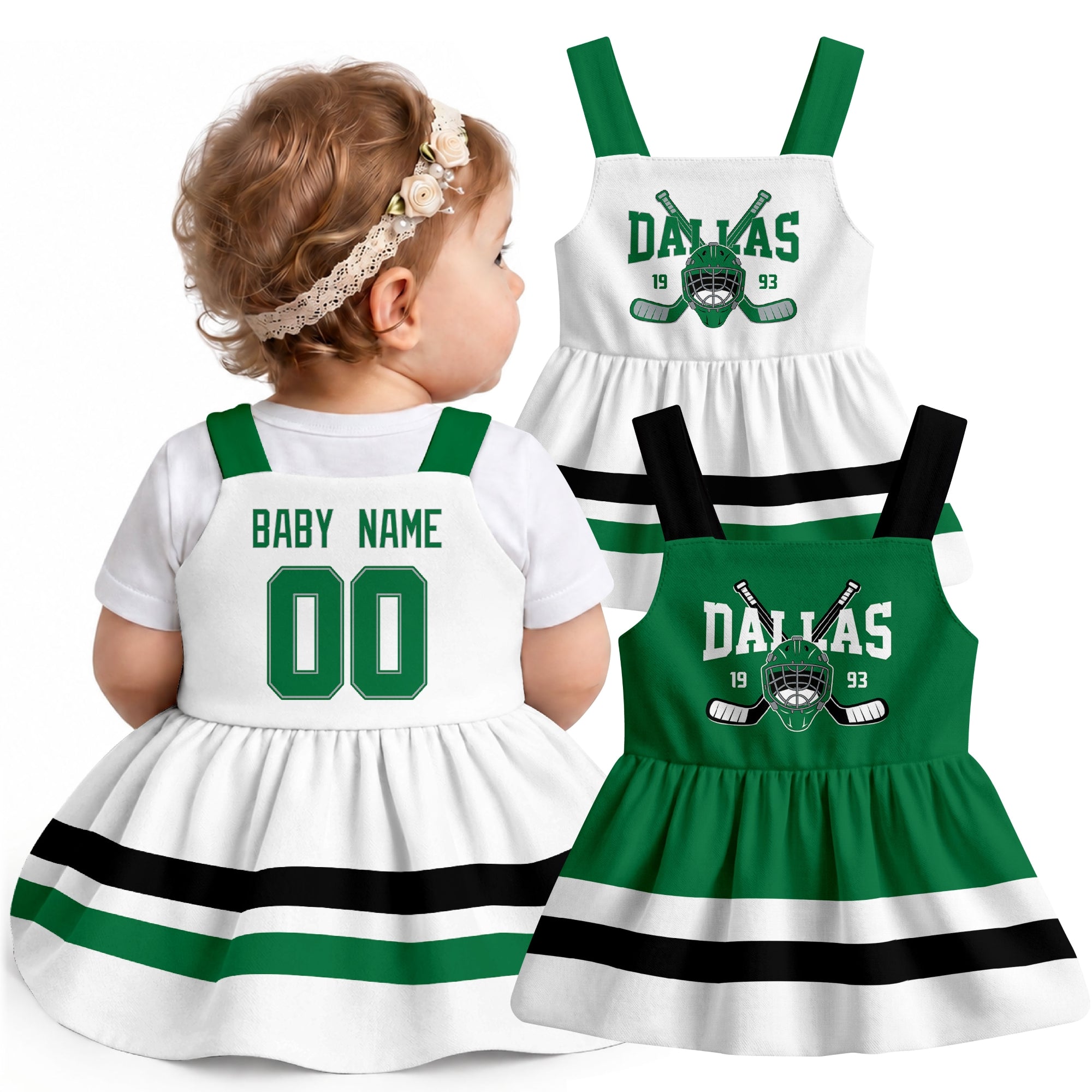 Personalized Dallas hockey baby suspender dress shown on baby with Green and White city-color styles