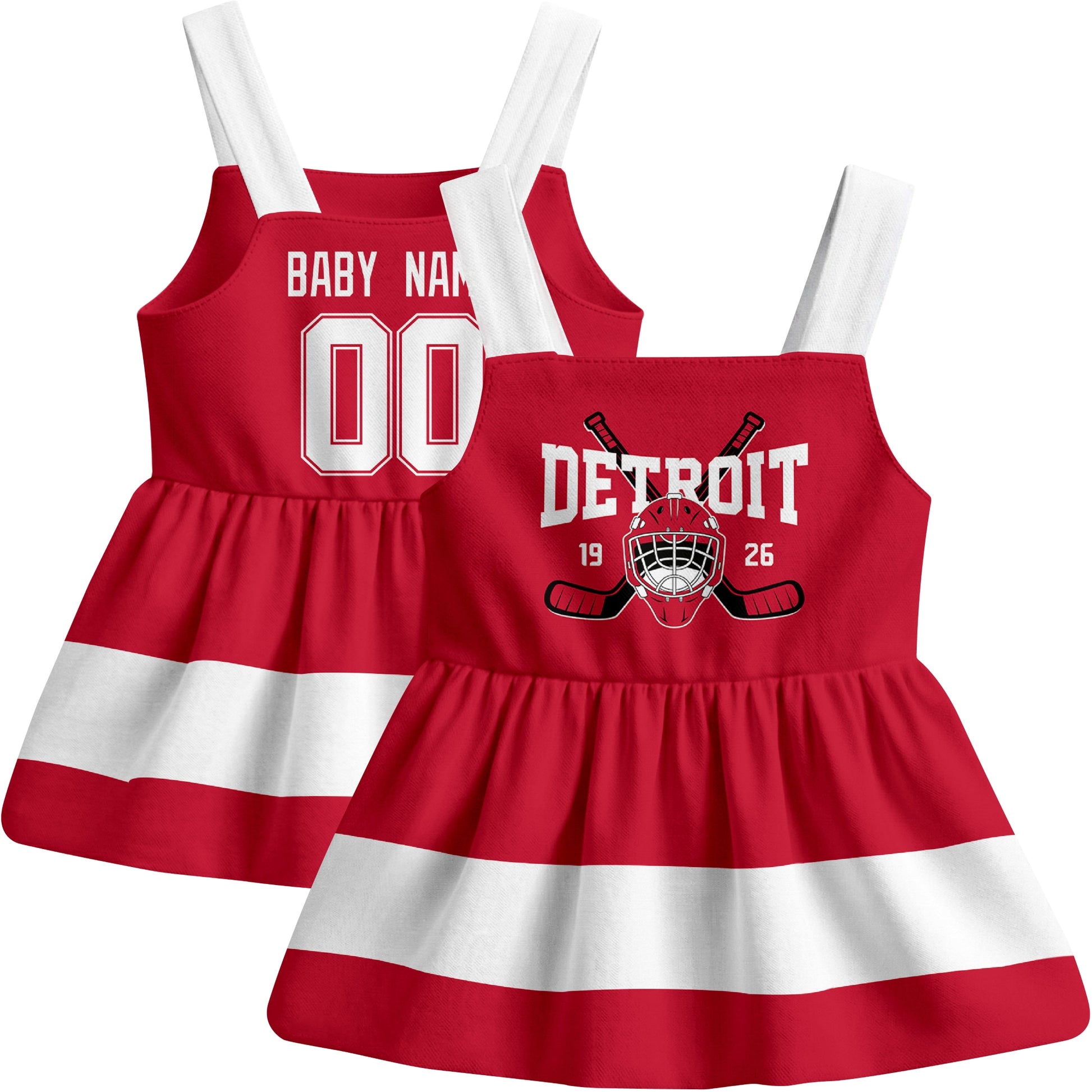 Detroit hockey baby suspender dress Red style front and back view