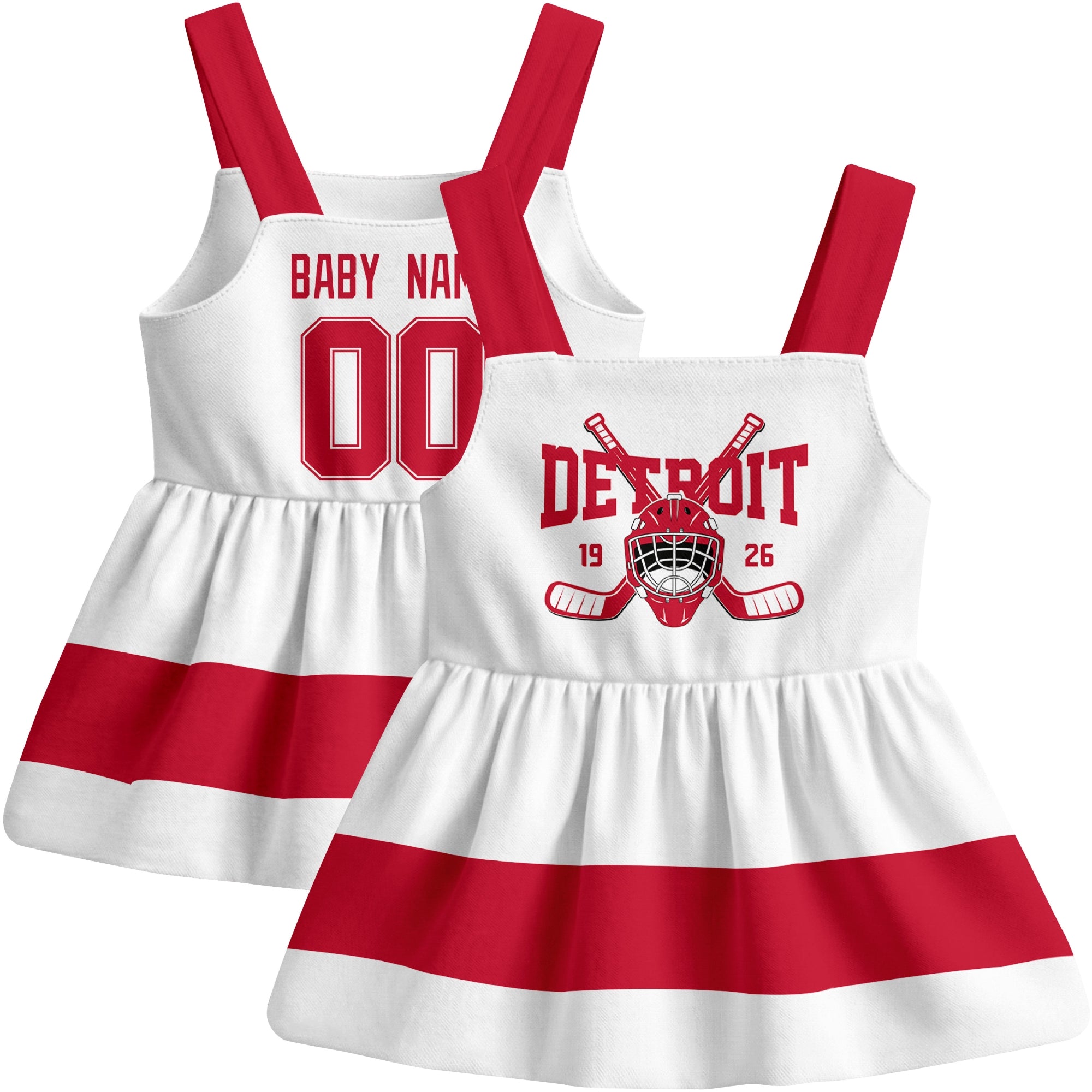 Detroit hockey baby suspender dress White style front and back view