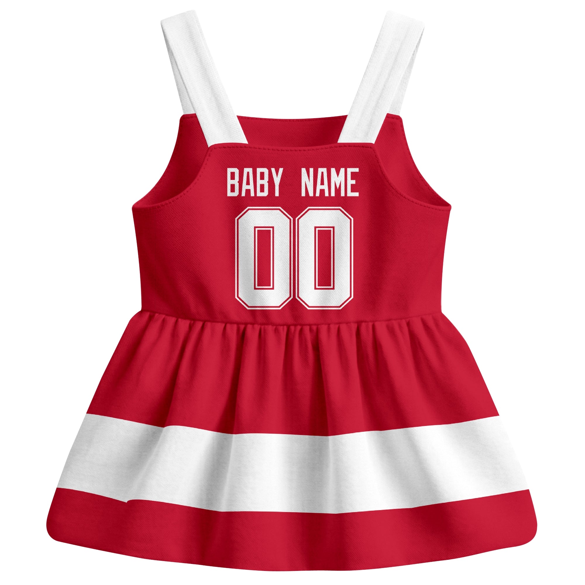 Detroit hockey baby suspender dress Red style back view with custom baby name and number