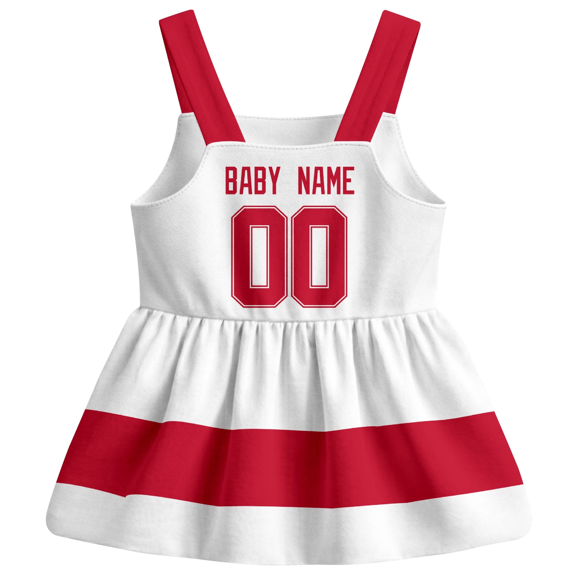 Detroit hockey baby suspender dress White style back view with custom baby name and number