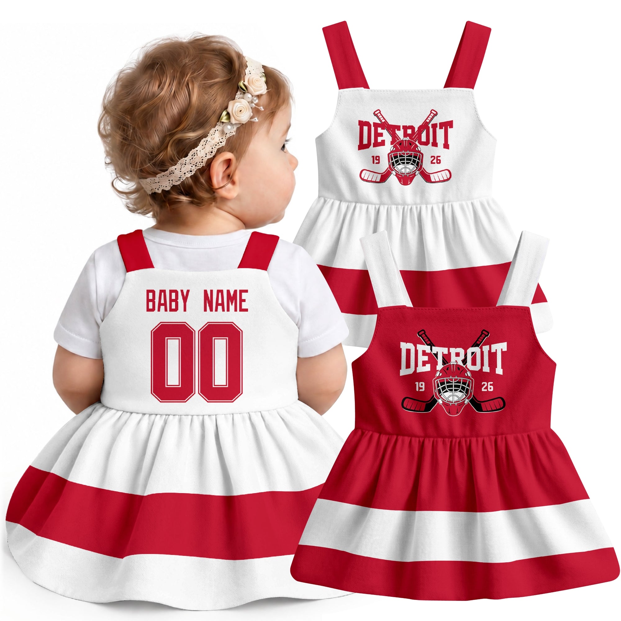 Personalized Detroit hockey baby suspender dress shown on baby with Red and White city-color styles