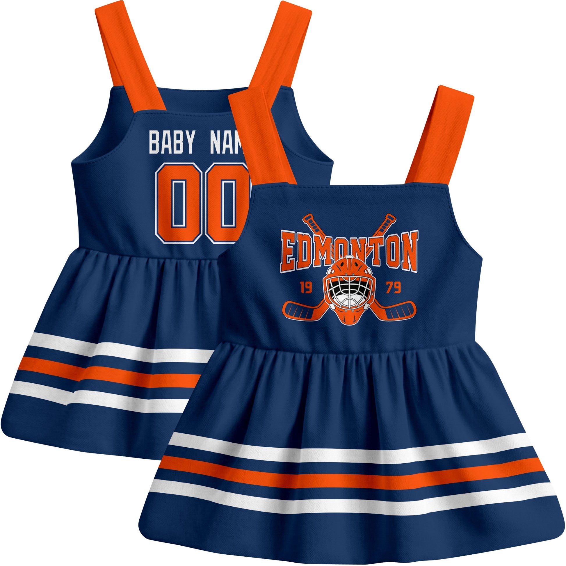 Edmonton hockey baby suspender dress Royal style front and back view