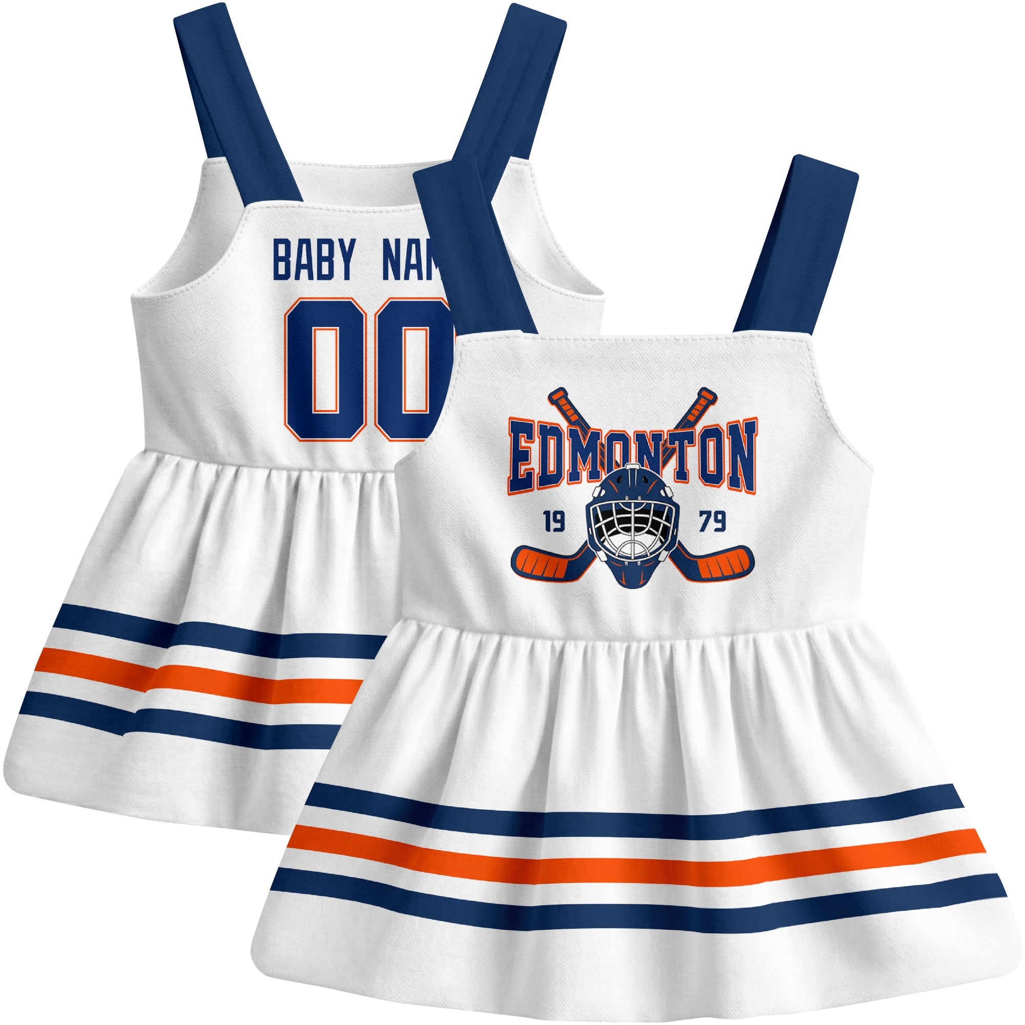 Edmonton hockey baby suspender dress White style front and back view