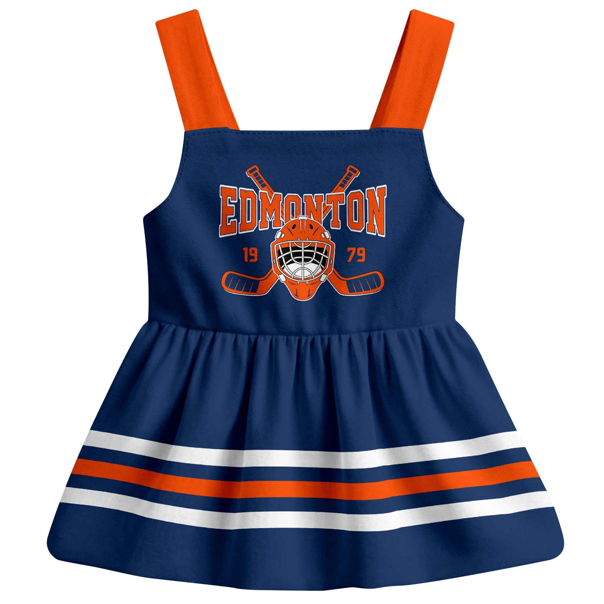 Edmonton hockey baby suspender dress Royal style front view