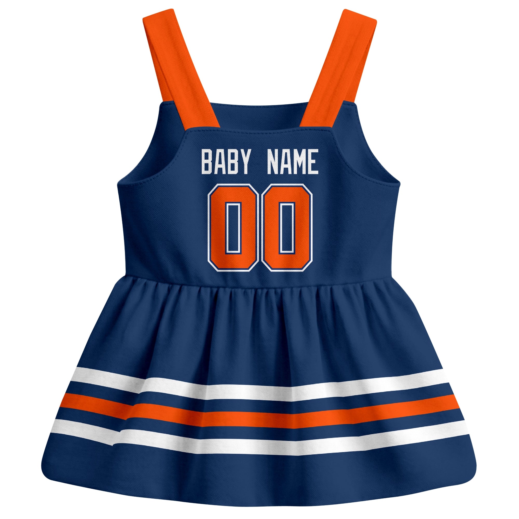 Edmonton hockey baby suspender dress Royal style back view with custom baby name and number