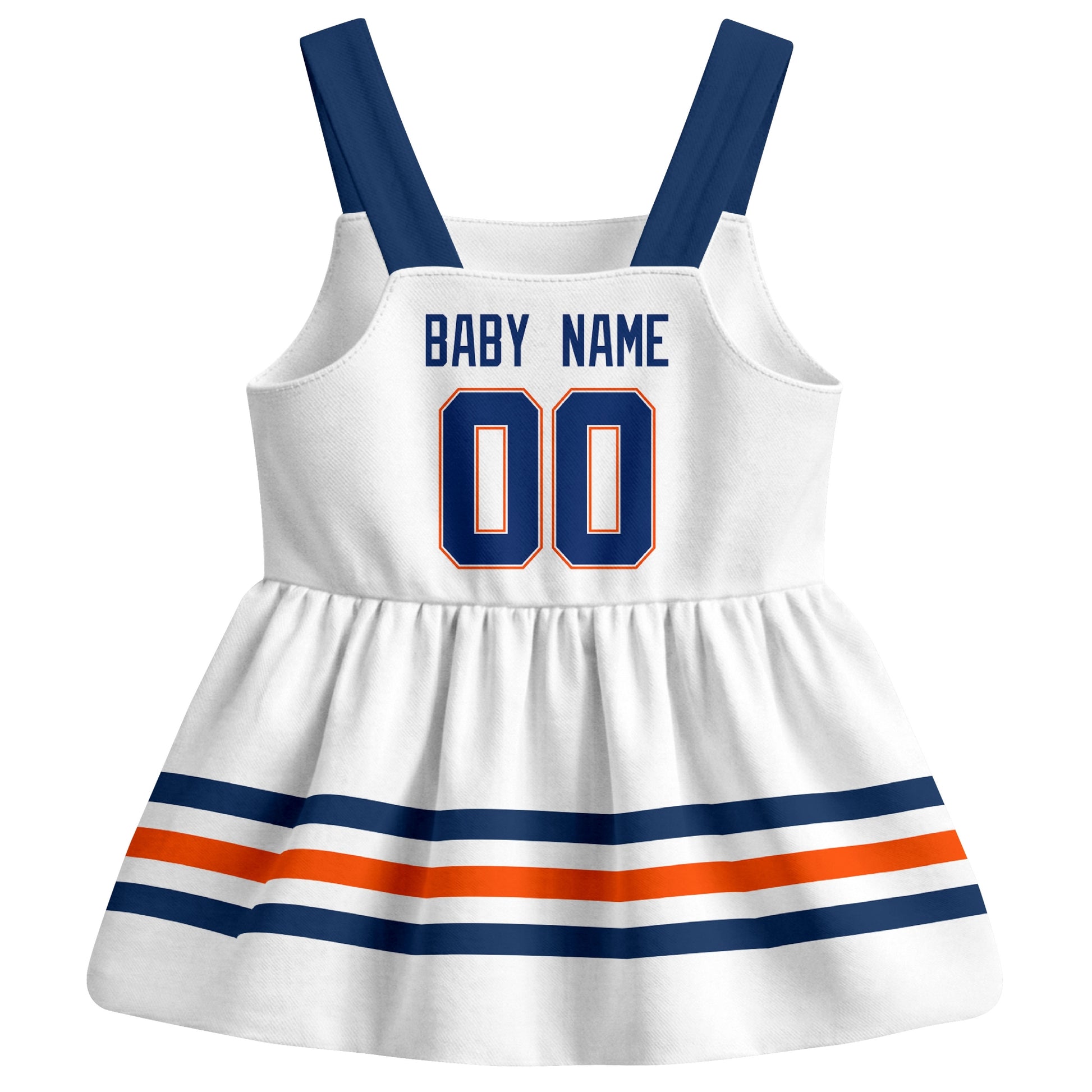 Edmonton hockey baby suspender dress White style back view with custom baby name and number