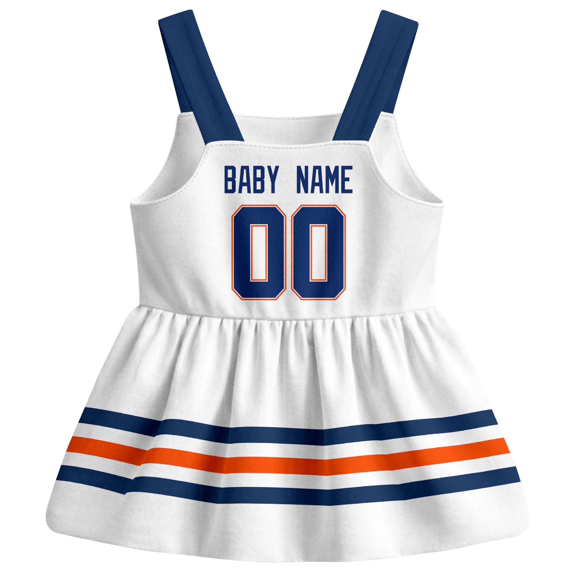 Edmonton hockey baby suspender dress White style back view with custom baby name and number