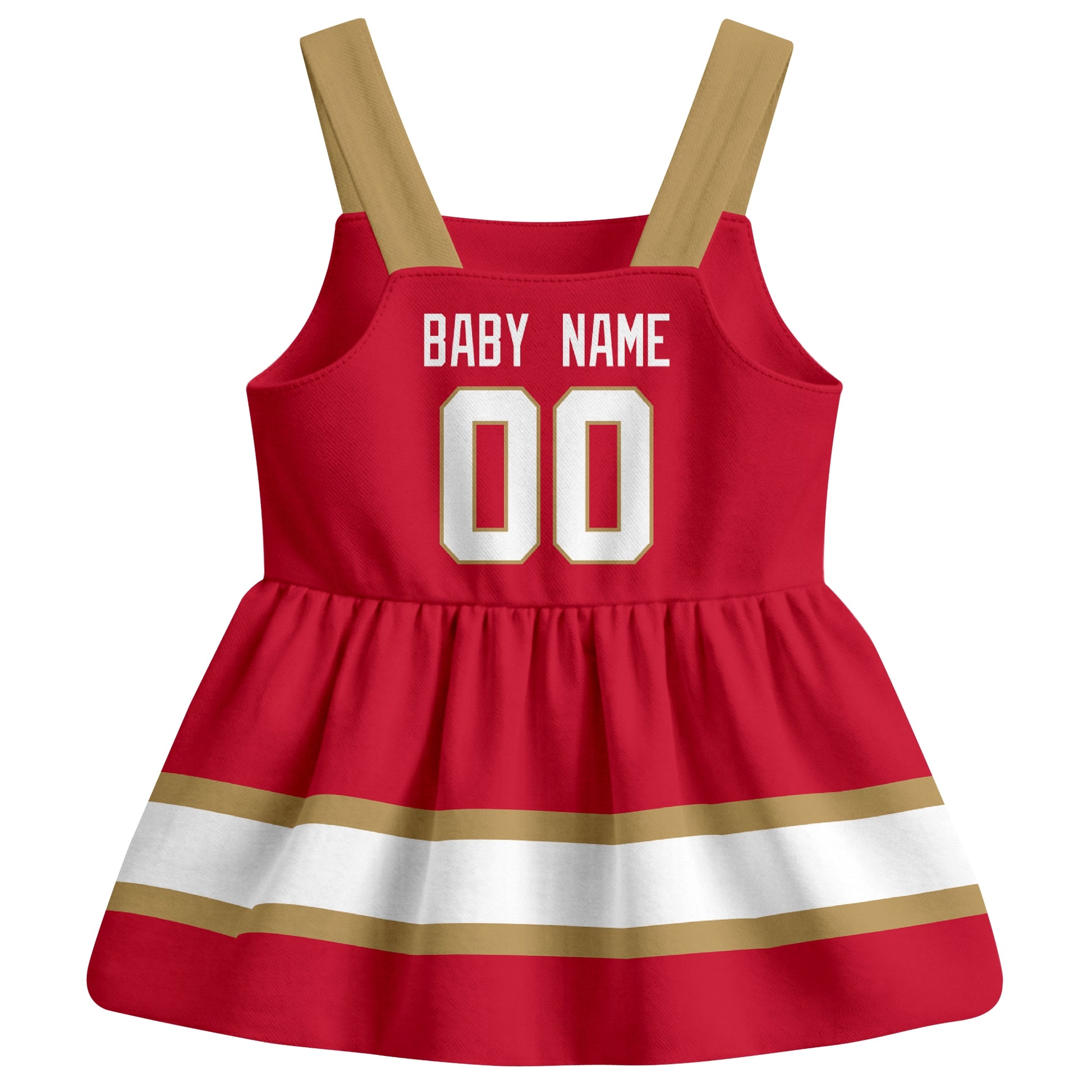 Florida hockey baby suspender dress Red style back view with custom baby name and number