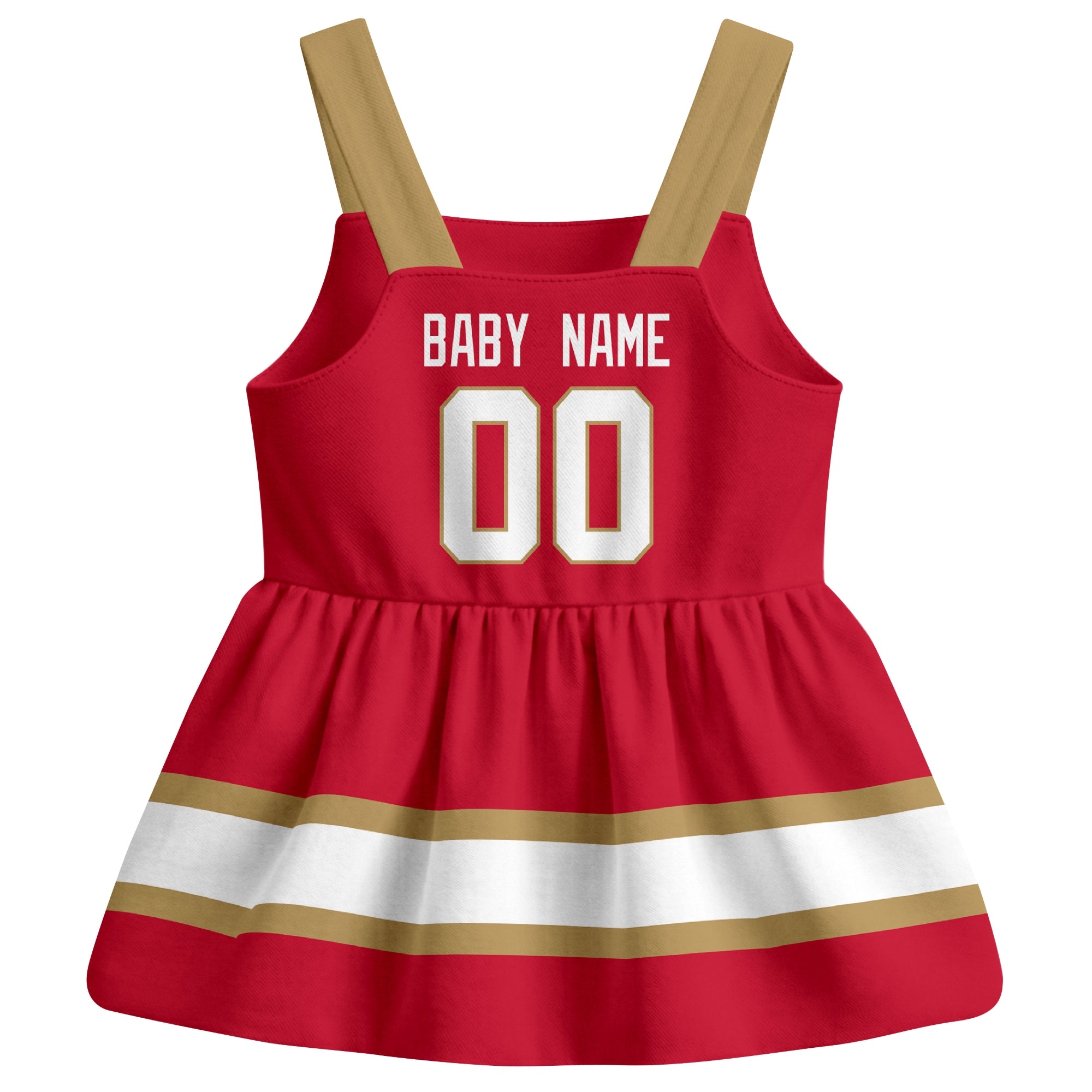 Florida hockey baby suspender dress Red style back view with custom baby name and number