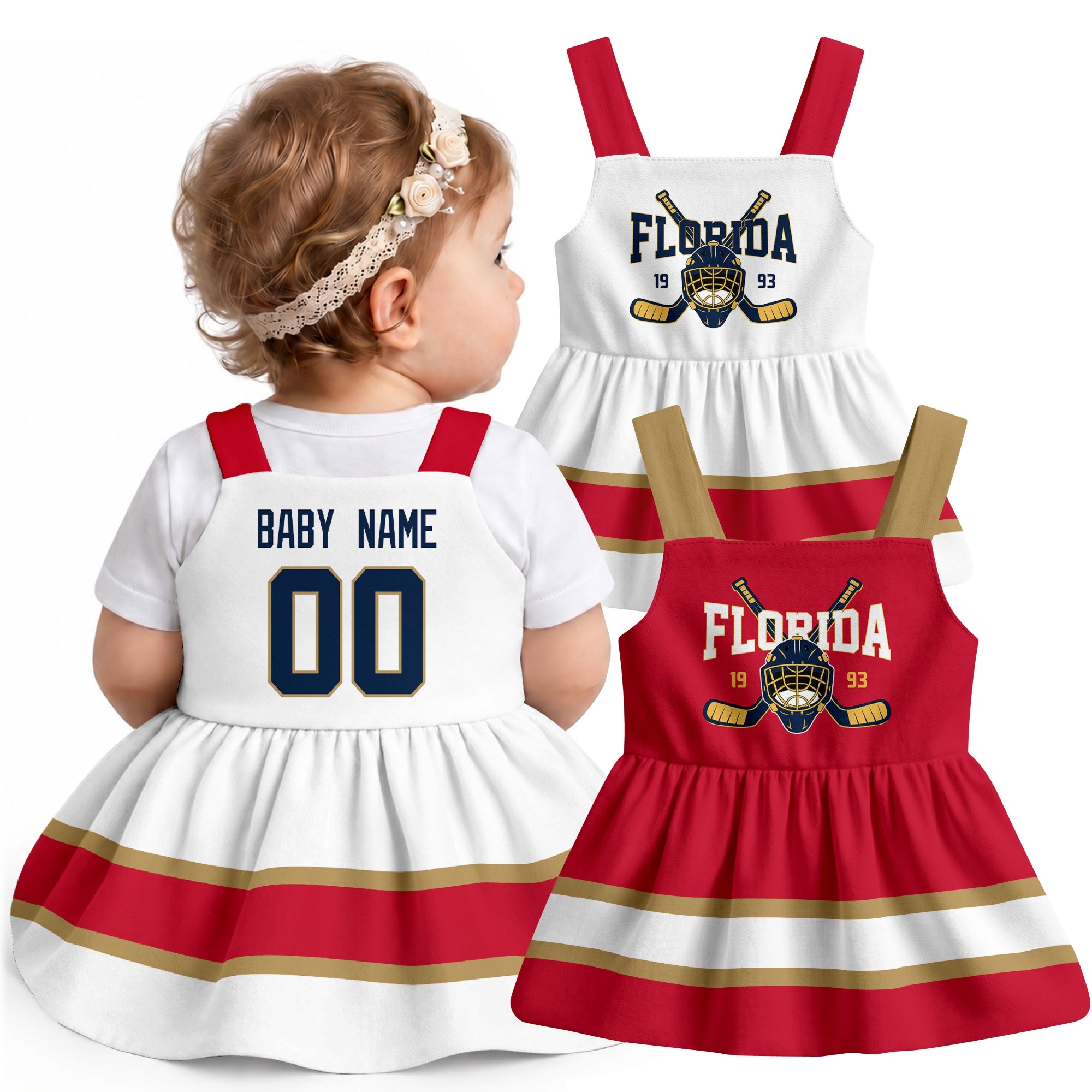 Personalized Florida hockey baby suspender dress shown on baby with Red and White city-color styles