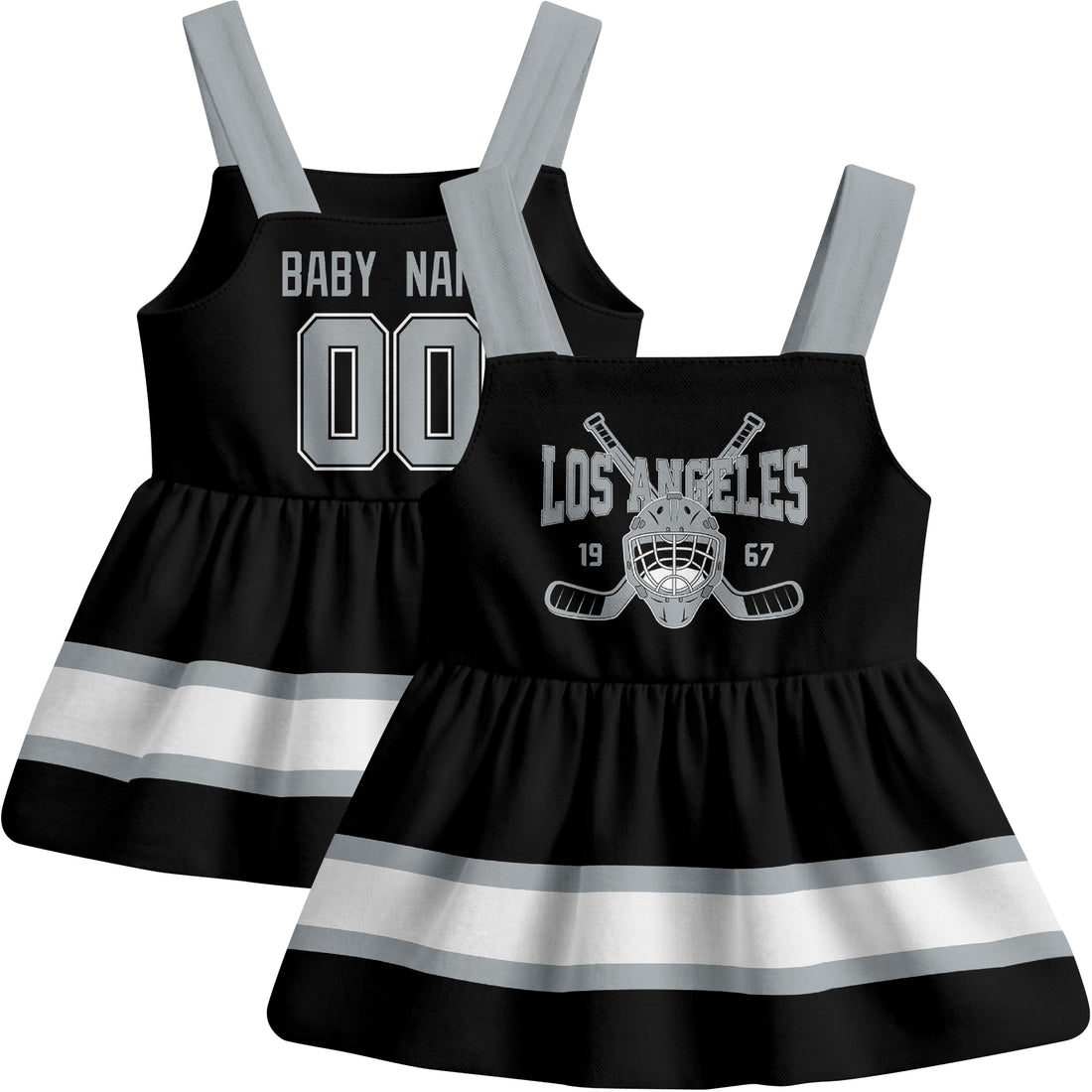 Personalized Los Angeles hockey baby suspender dress shown on baby with Black and White city-color styles