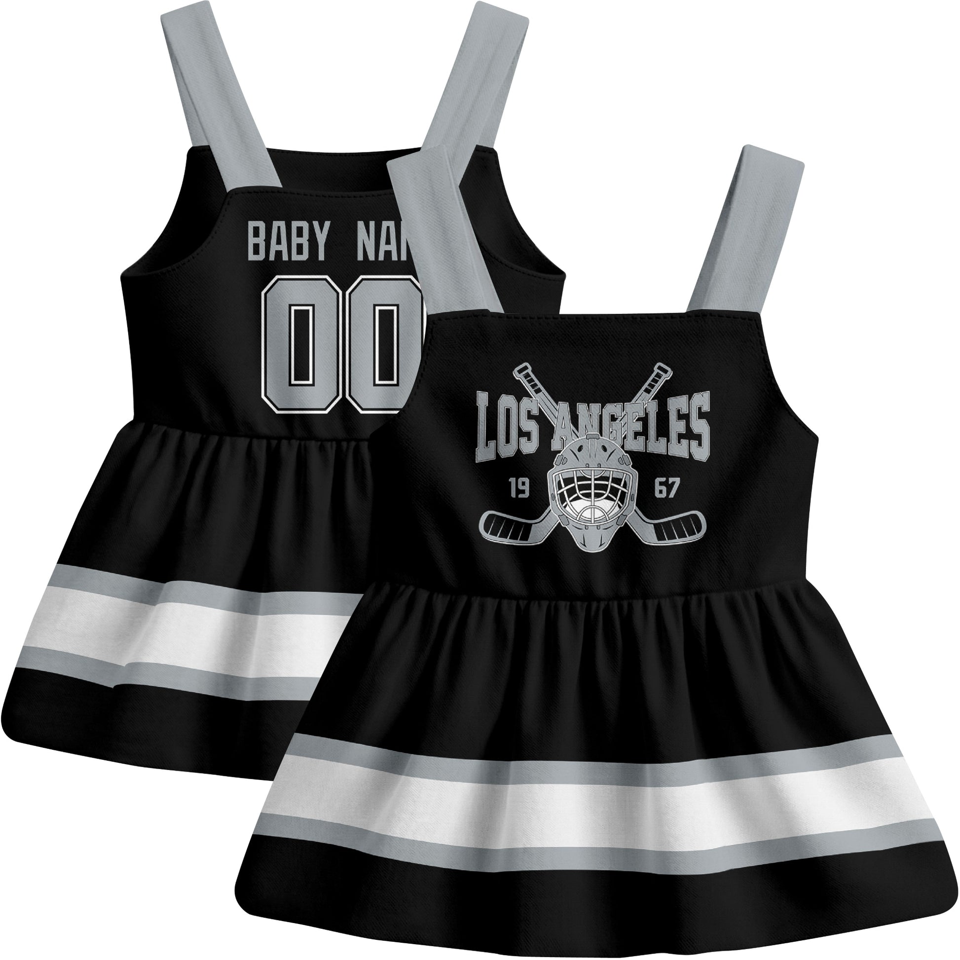 Los Angeles hockey baby suspender dress Black style front and back view