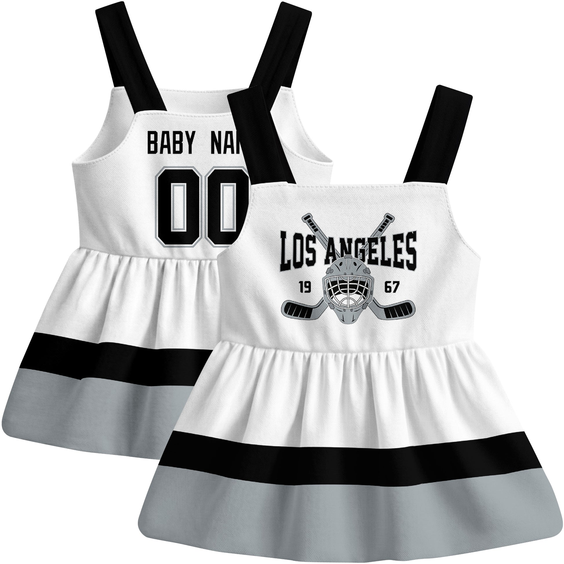 Los Angeles hockey baby suspender dress White style front and back view