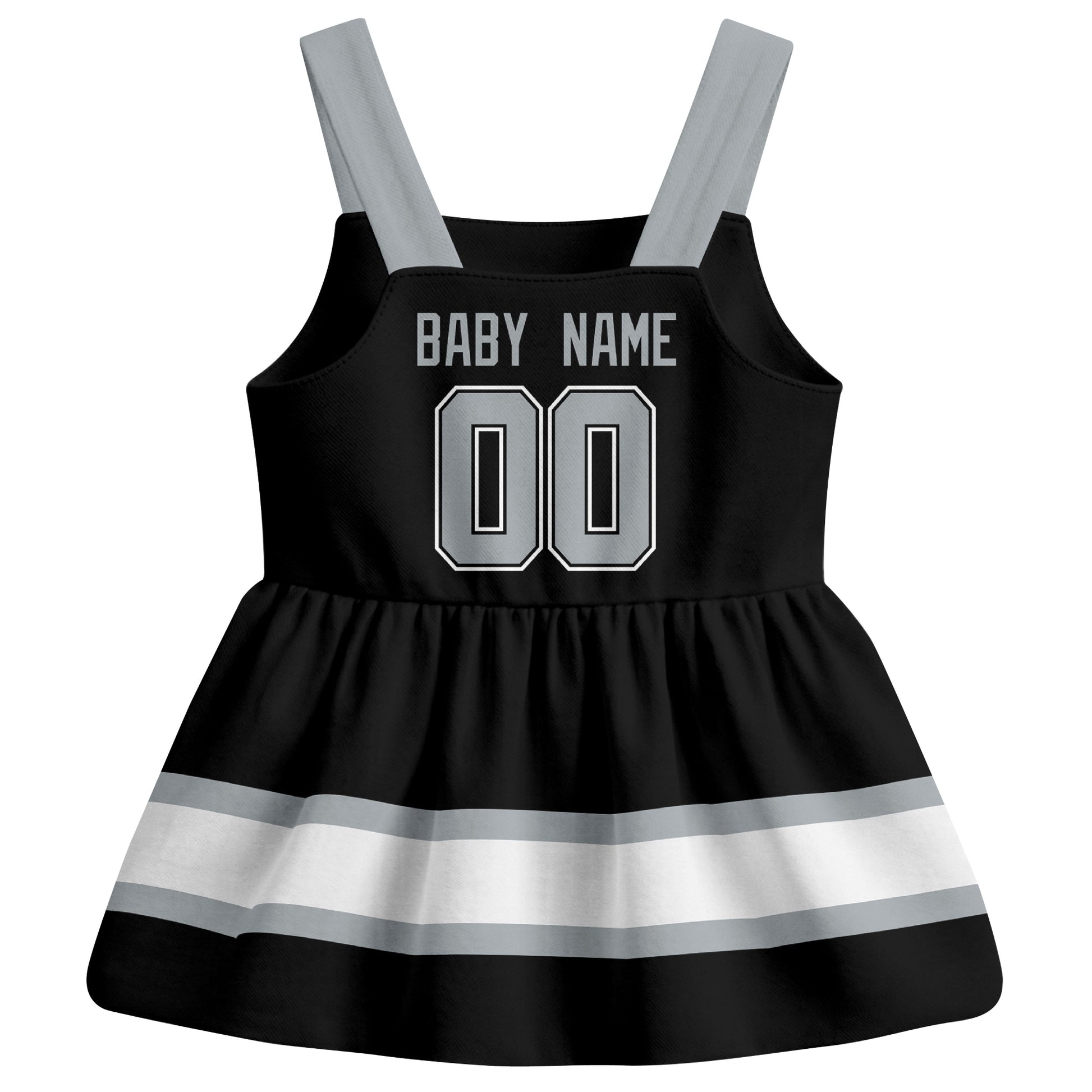 Los Angeles hockey baby suspender dress Black style back view with custom baby name and number
