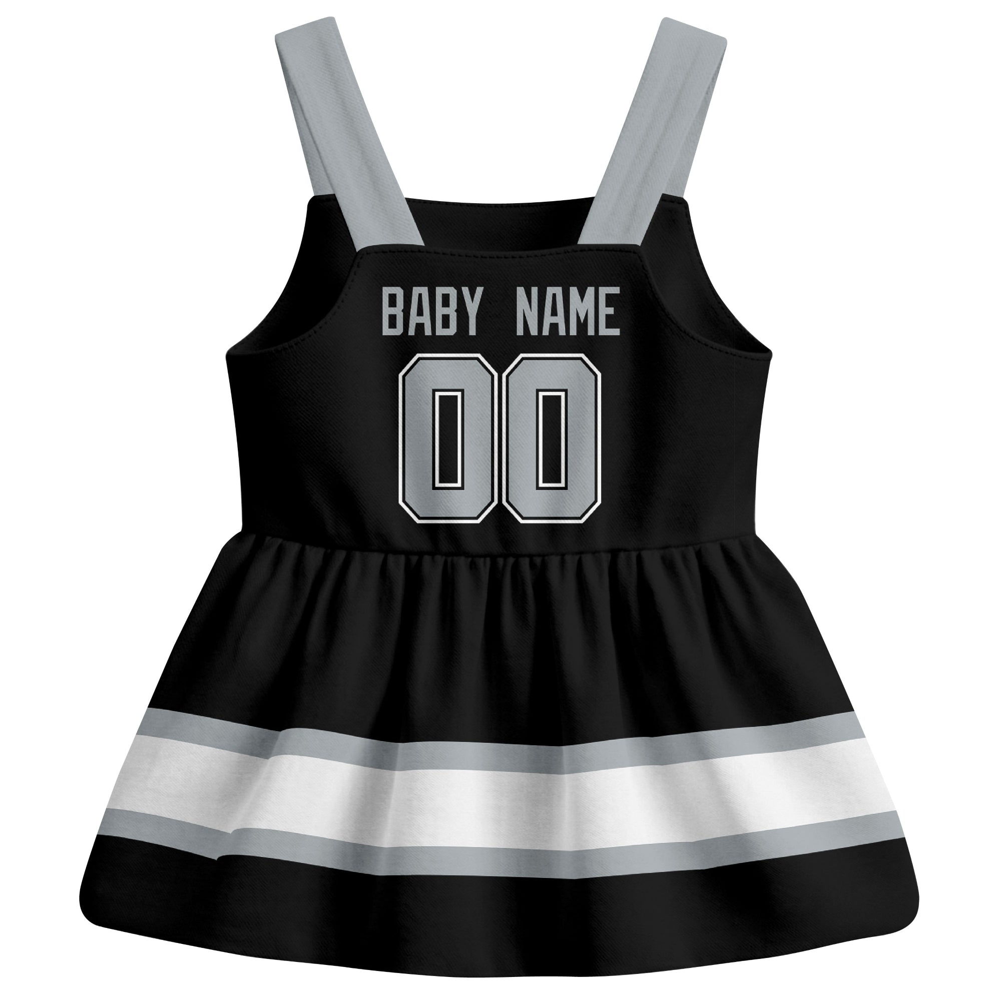 Los Angeles hockey baby suspender dress Black style back view with custom baby name and number