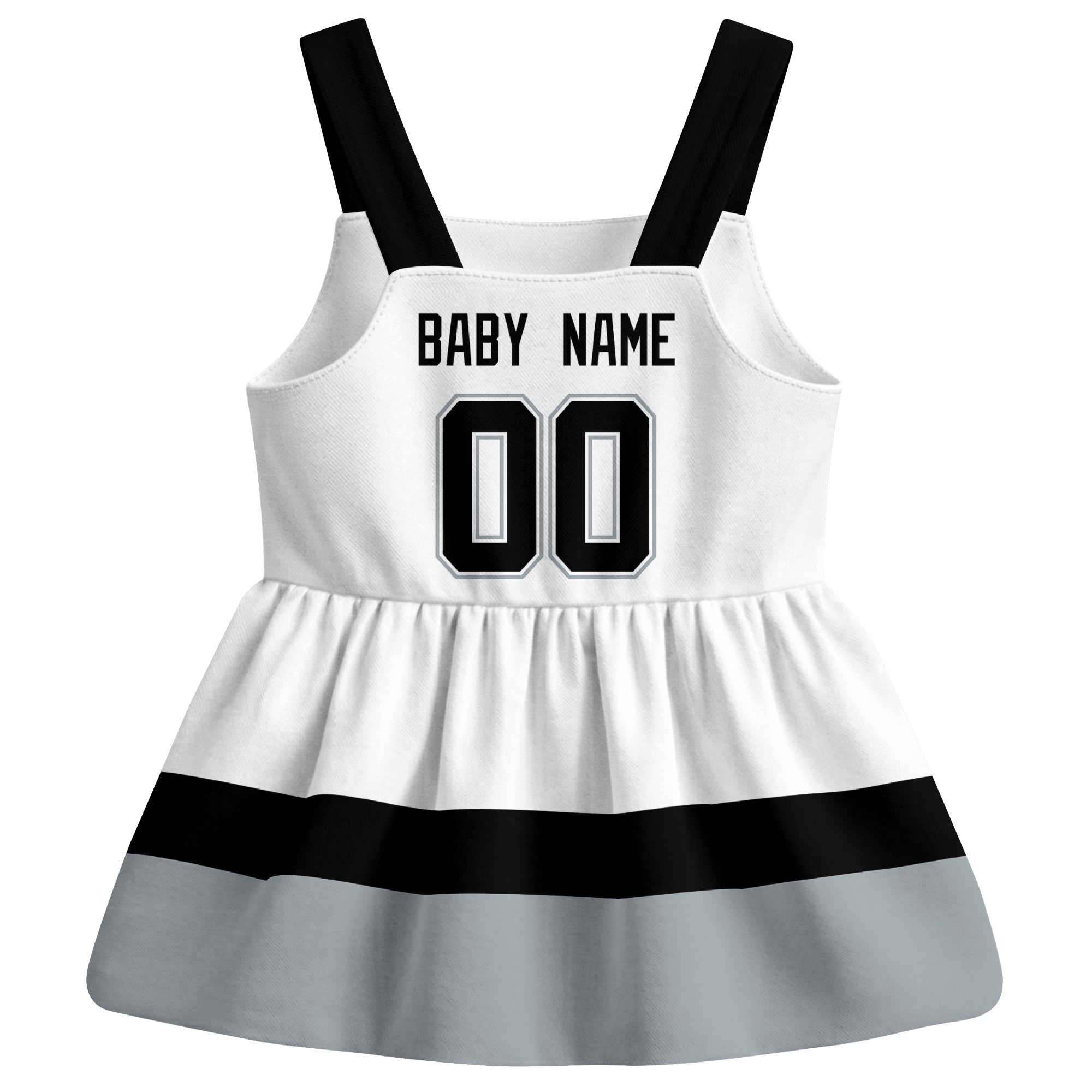 Los Angeles hockey baby suspender dress White style back view with custom baby name and number