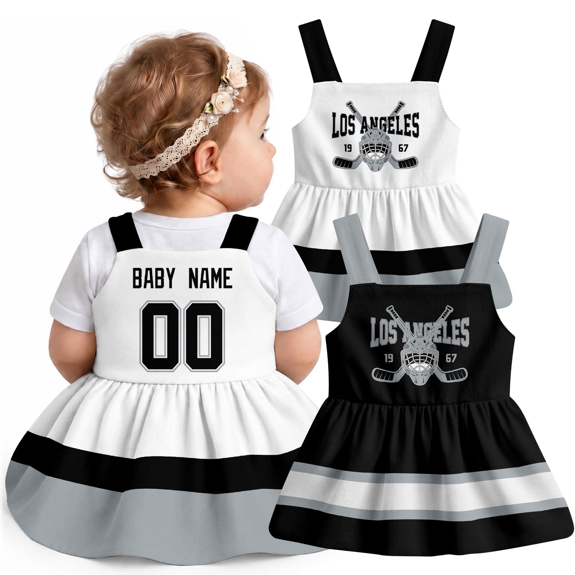 Personalized Los Angeles hockey baby suspender dress shown on baby with Black and White city-color styles