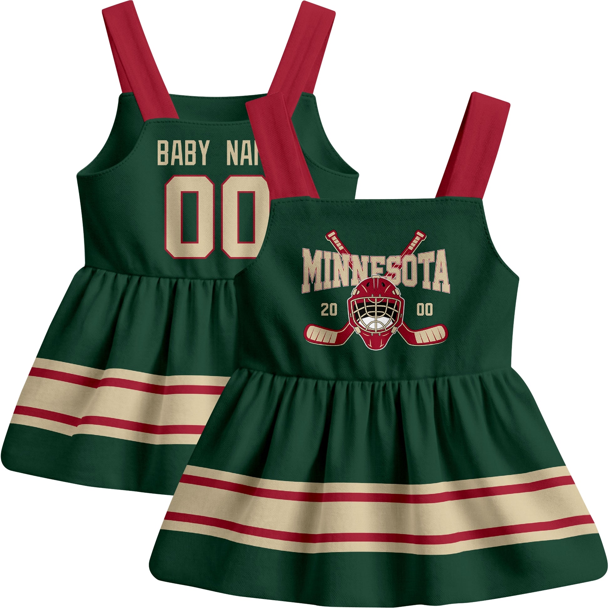 Minnesota hockey baby suspender dress Green style front and back view