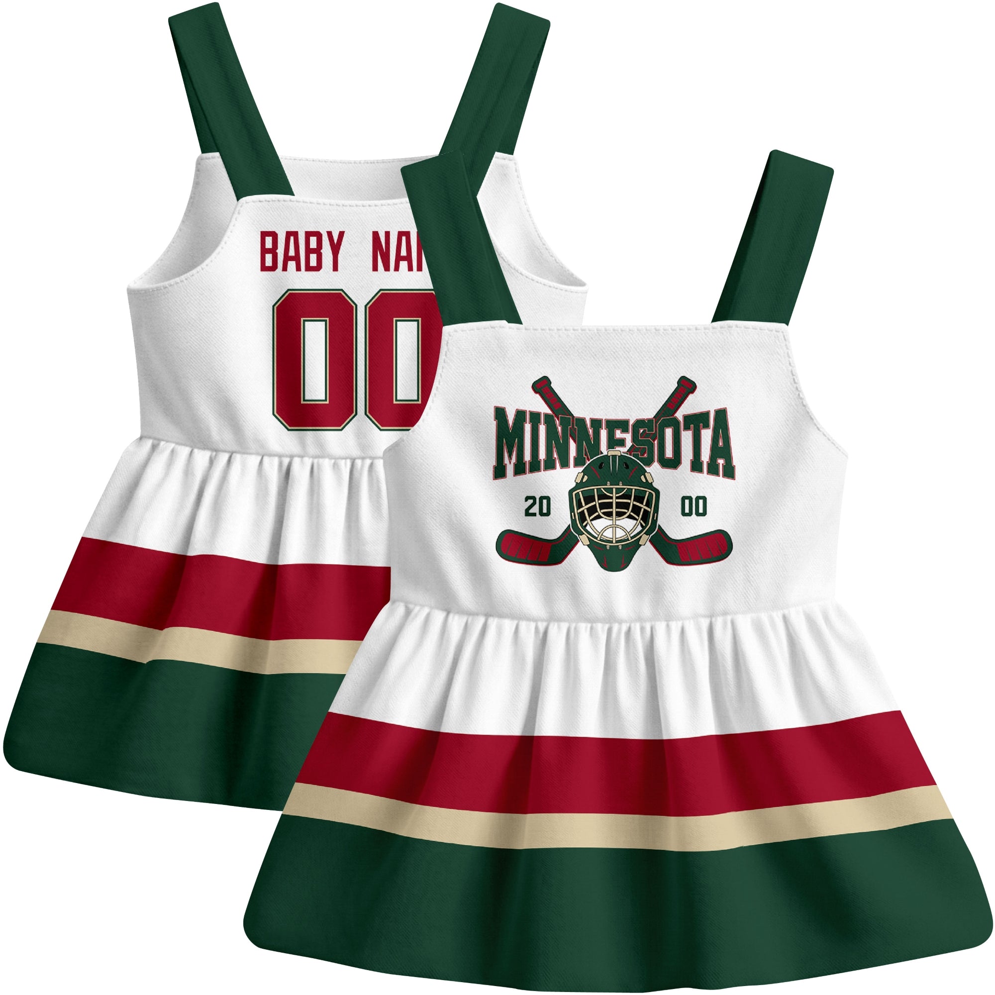 Minnesota hockey baby suspender dress White style front and back view