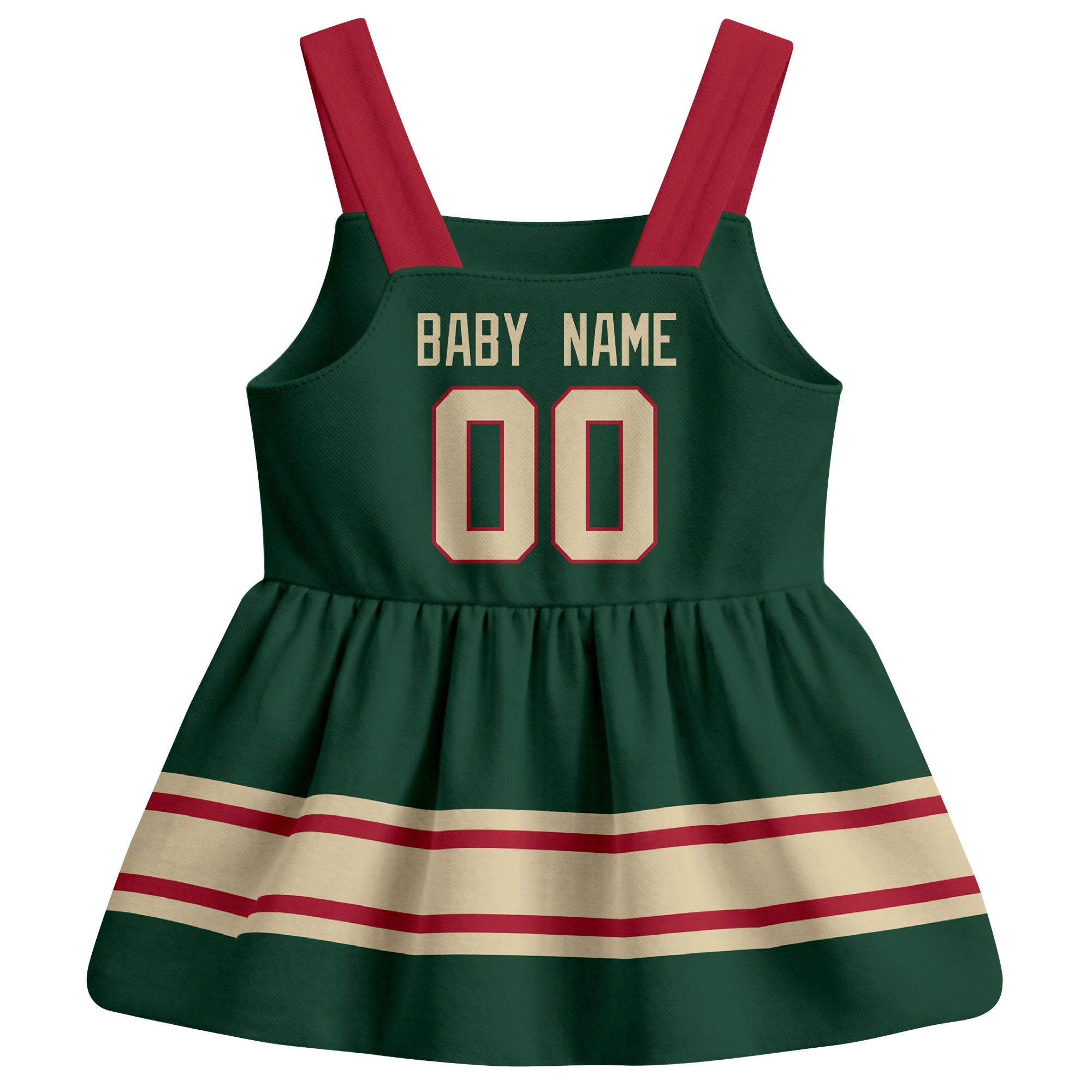 Minnesota hockey baby suspender dress Green style back view with custom baby name and number