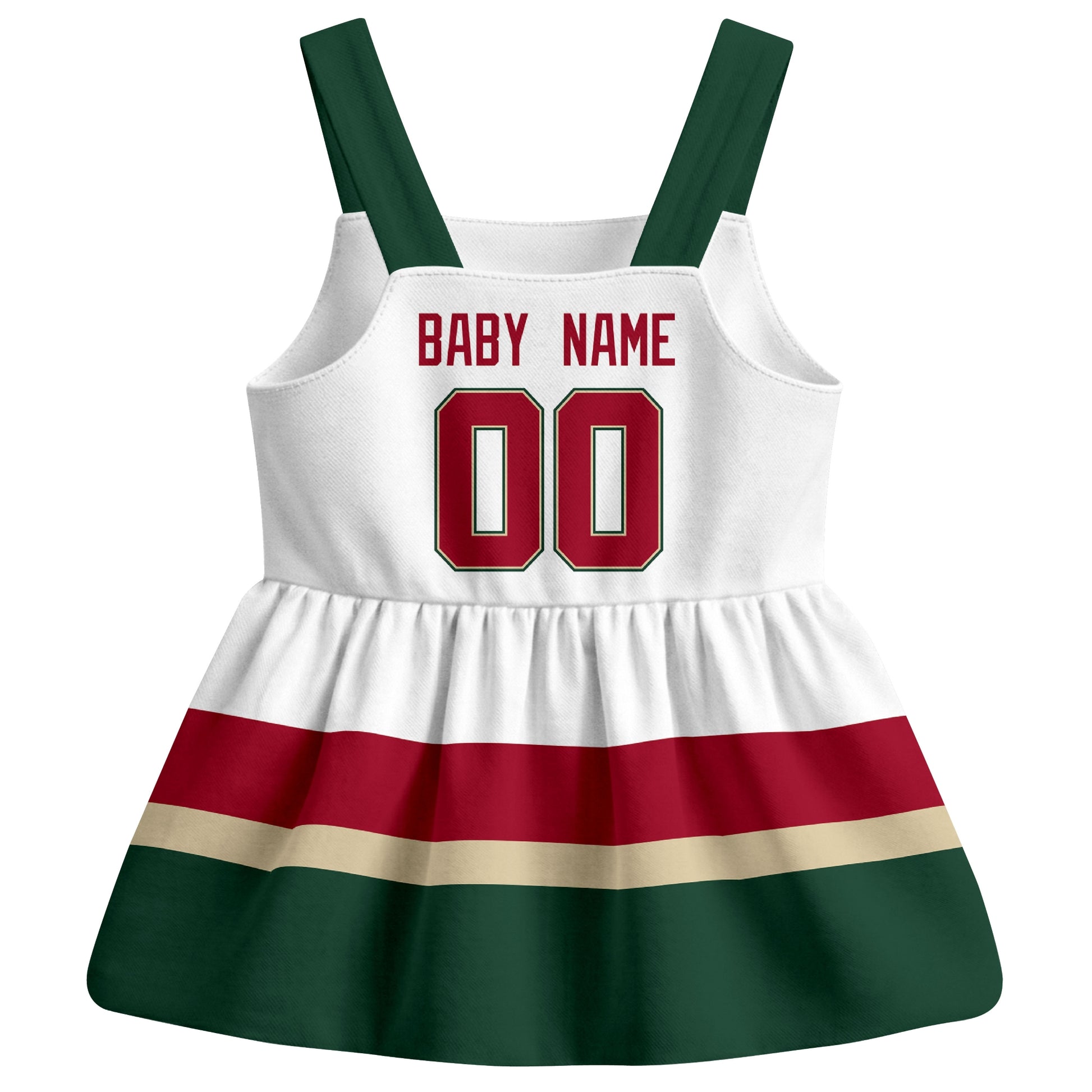 Minnesota hockey baby suspender dress White style back view with custom baby name and number
