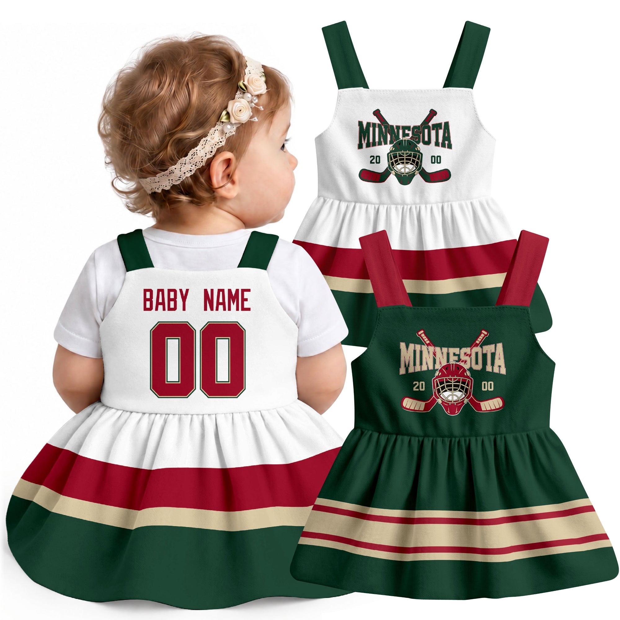 Personalized Minnesota hockey baby suspender dress shown on baby with Green and White city-color styles