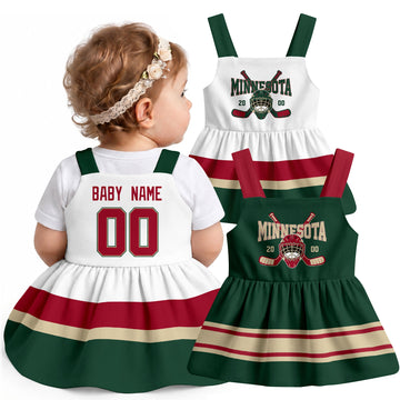 Personalized Minnesota hockey baby suspender dress shown on baby with Green and White city-color styles