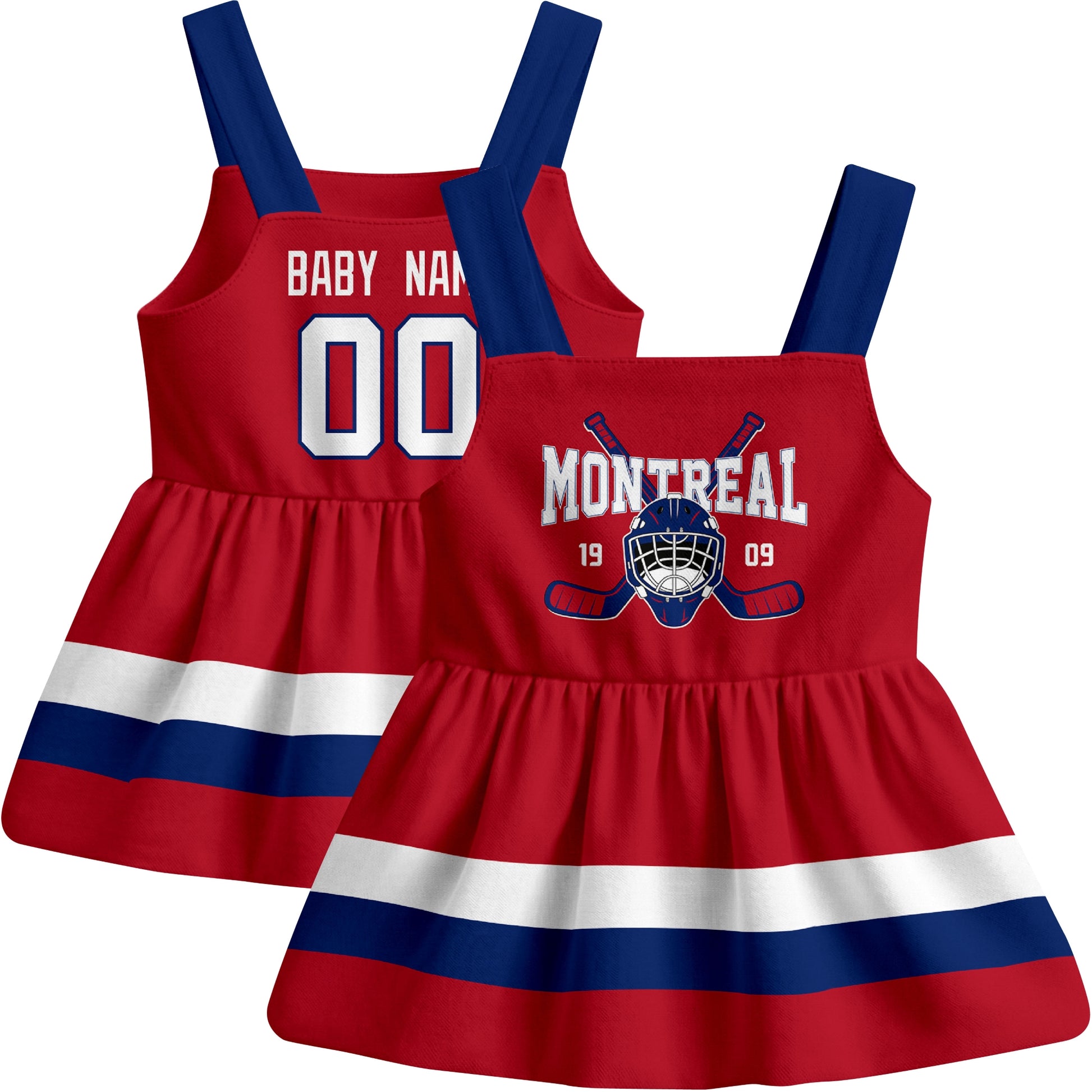 Montreal hockey baby suspender dress Red style front and back view