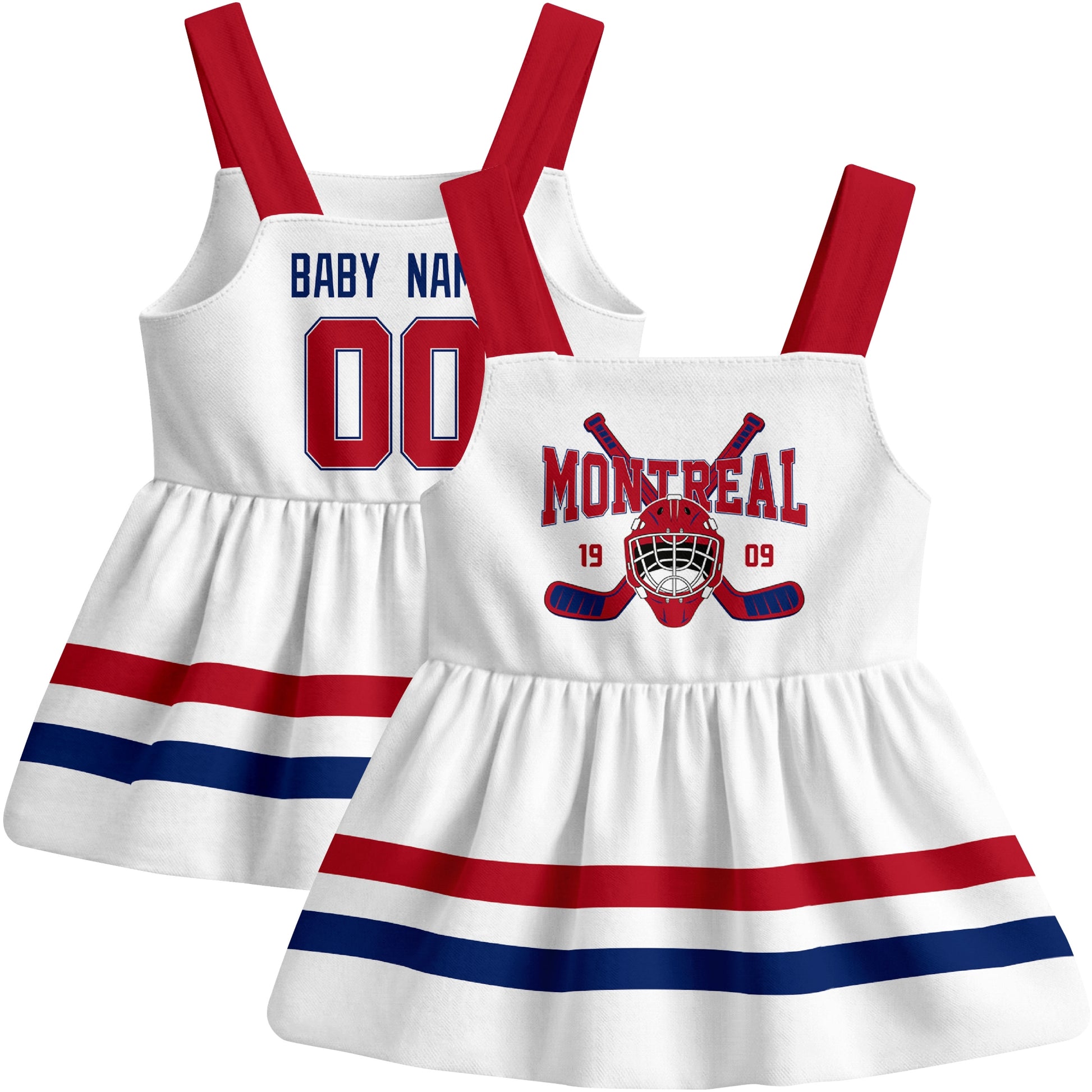 Montreal hockey baby suspender dress White style front and back view