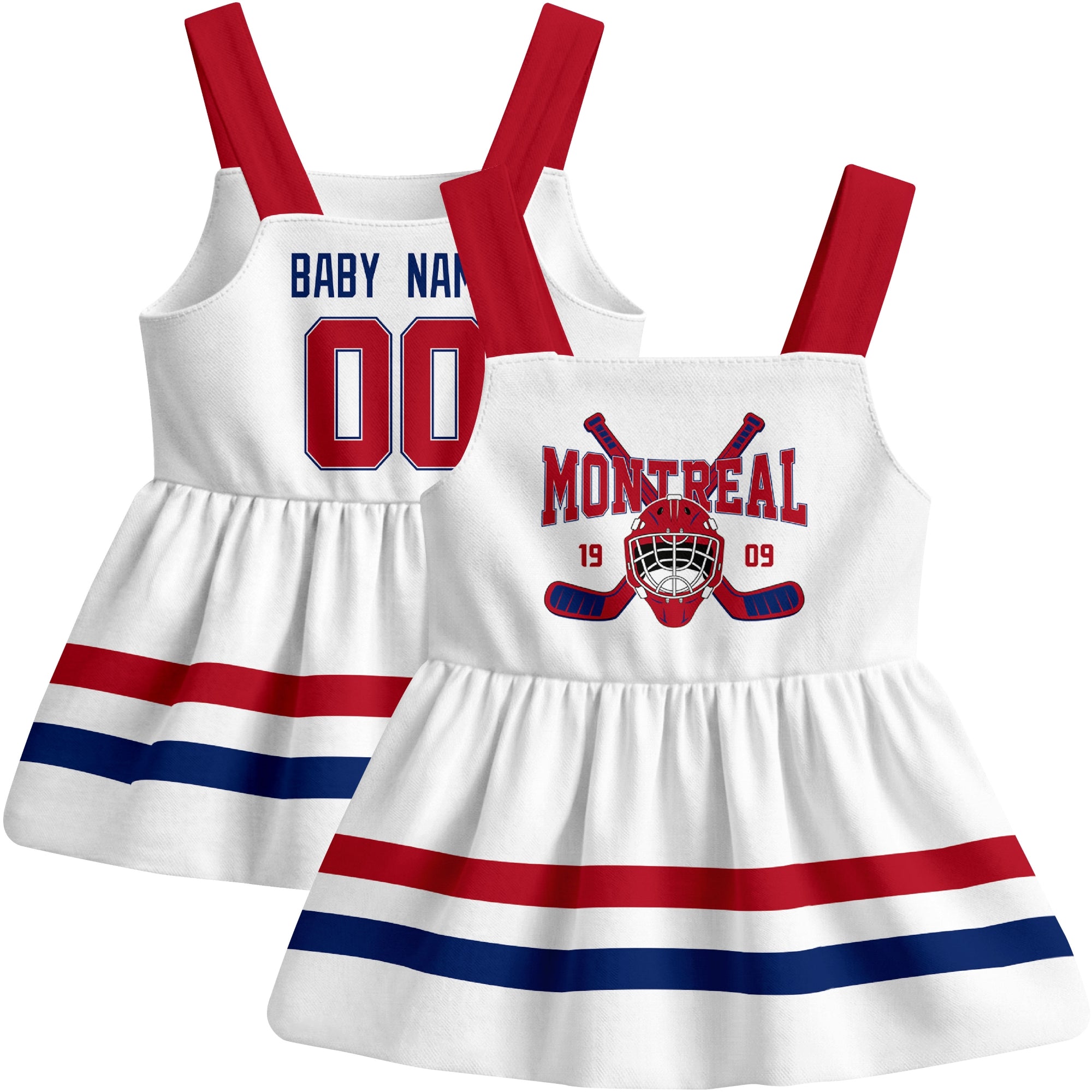 Montreal hockey baby suspender dress White style front and back view