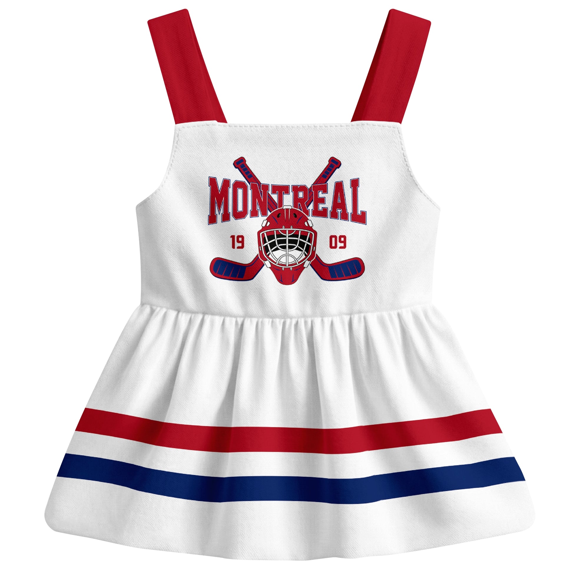 Montreal hockey baby suspender dress White style front view