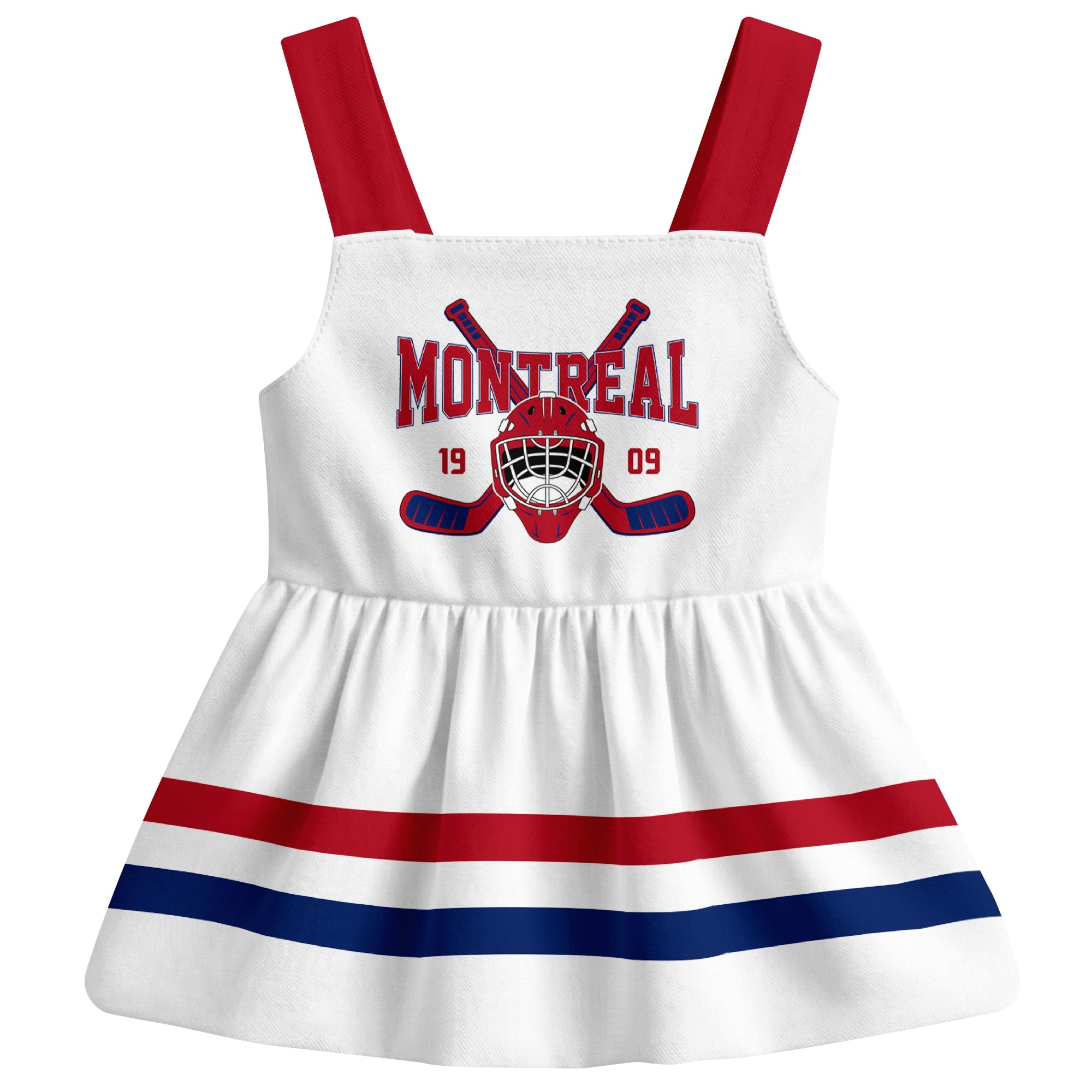 Montreal hockey baby suspender dress White style front view