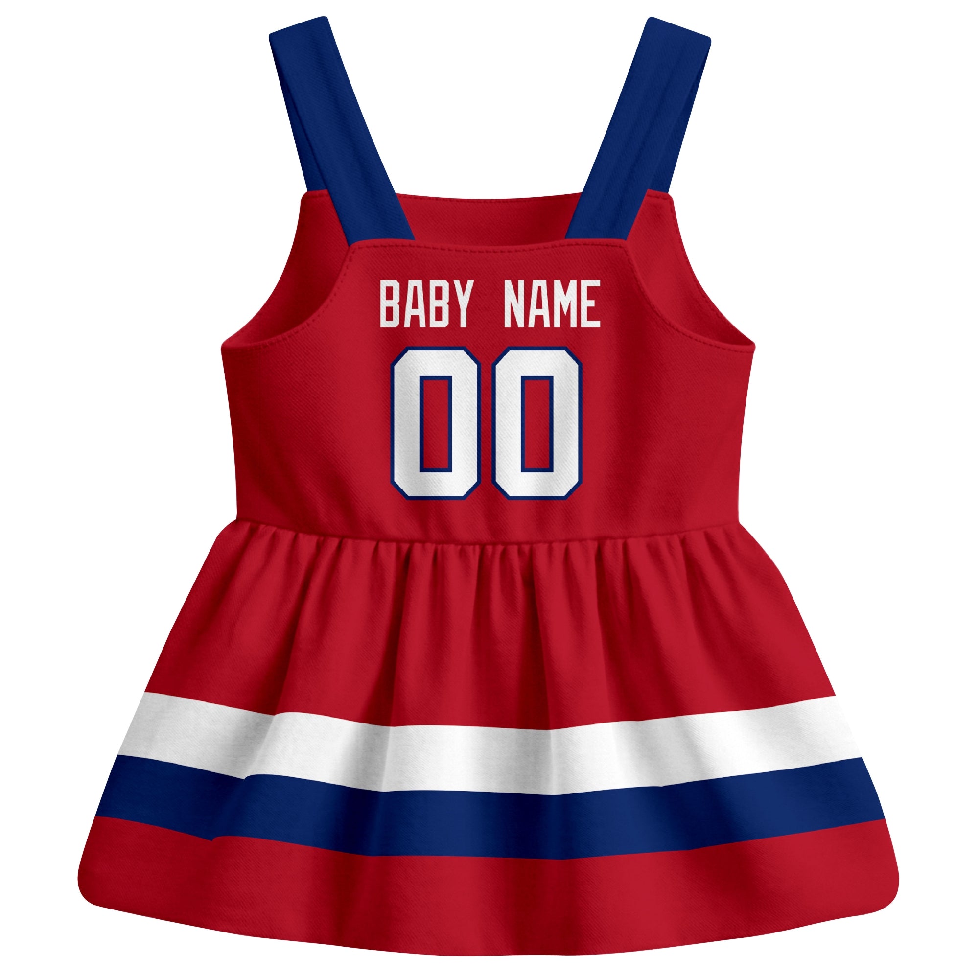 Montreal hockey baby suspender dress Red style back view with custom baby name and number