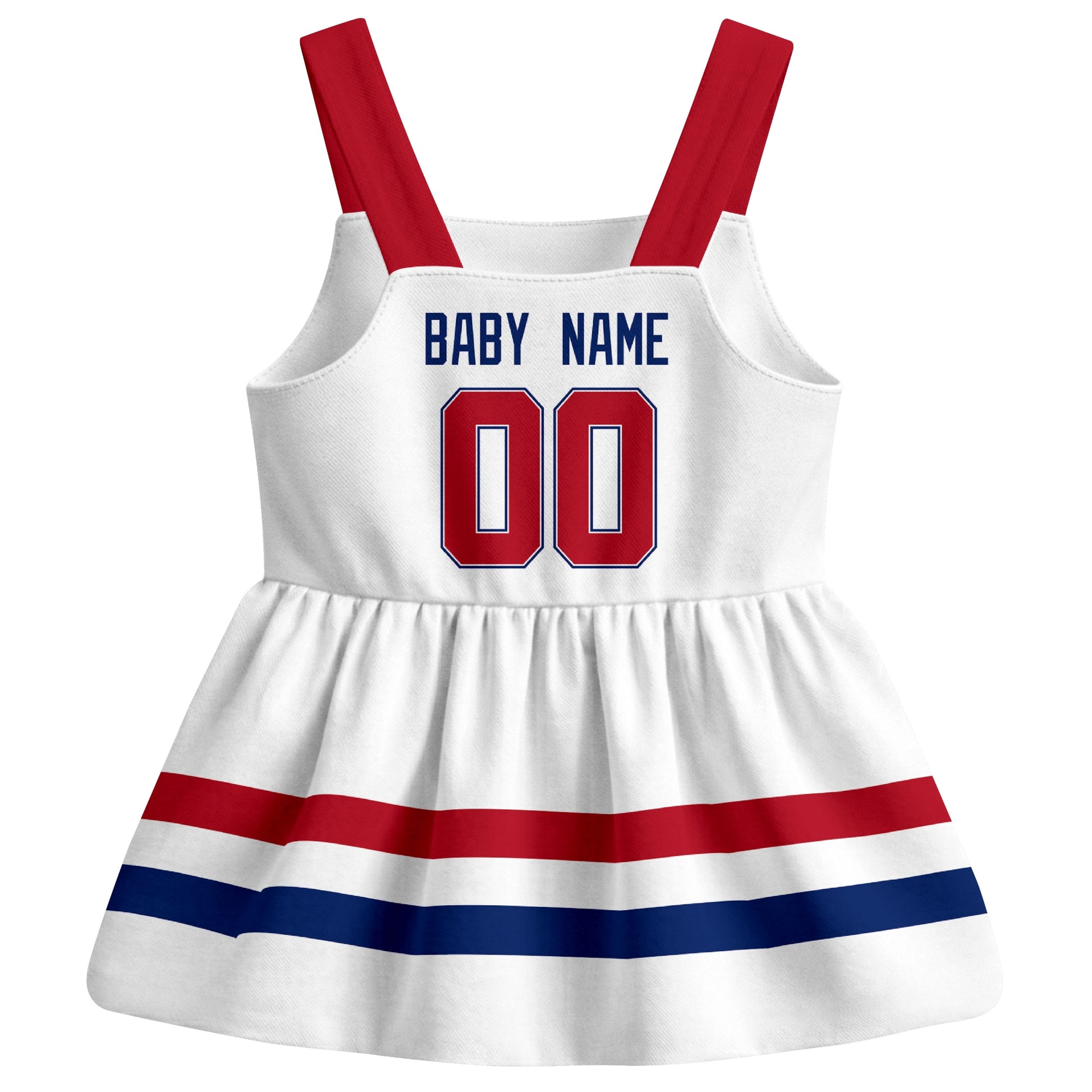 Montreal hockey baby suspender dress White style back view with custom baby name and number