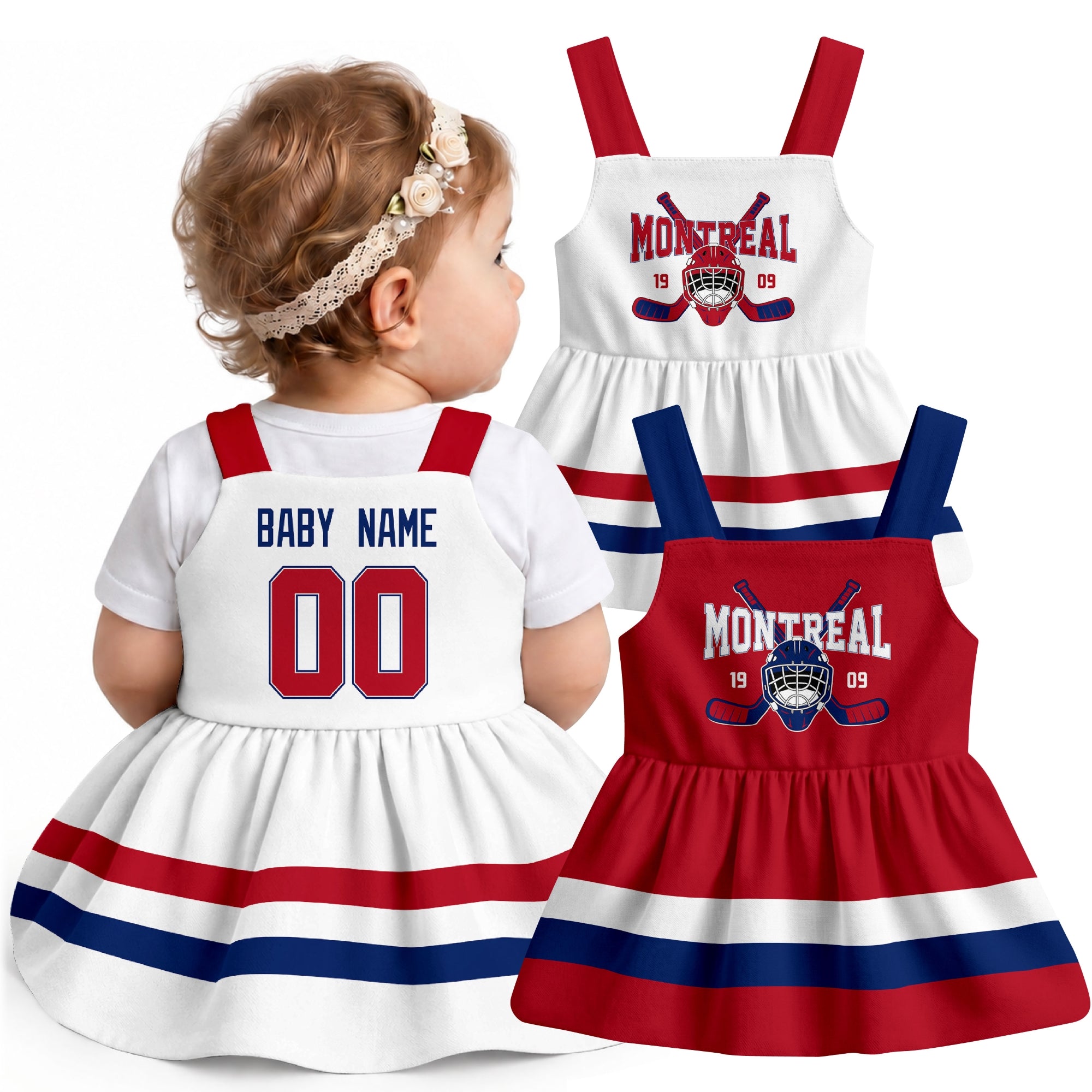 Personalized Montreal hockey baby suspender dress shown on baby with Red and White city-color styles