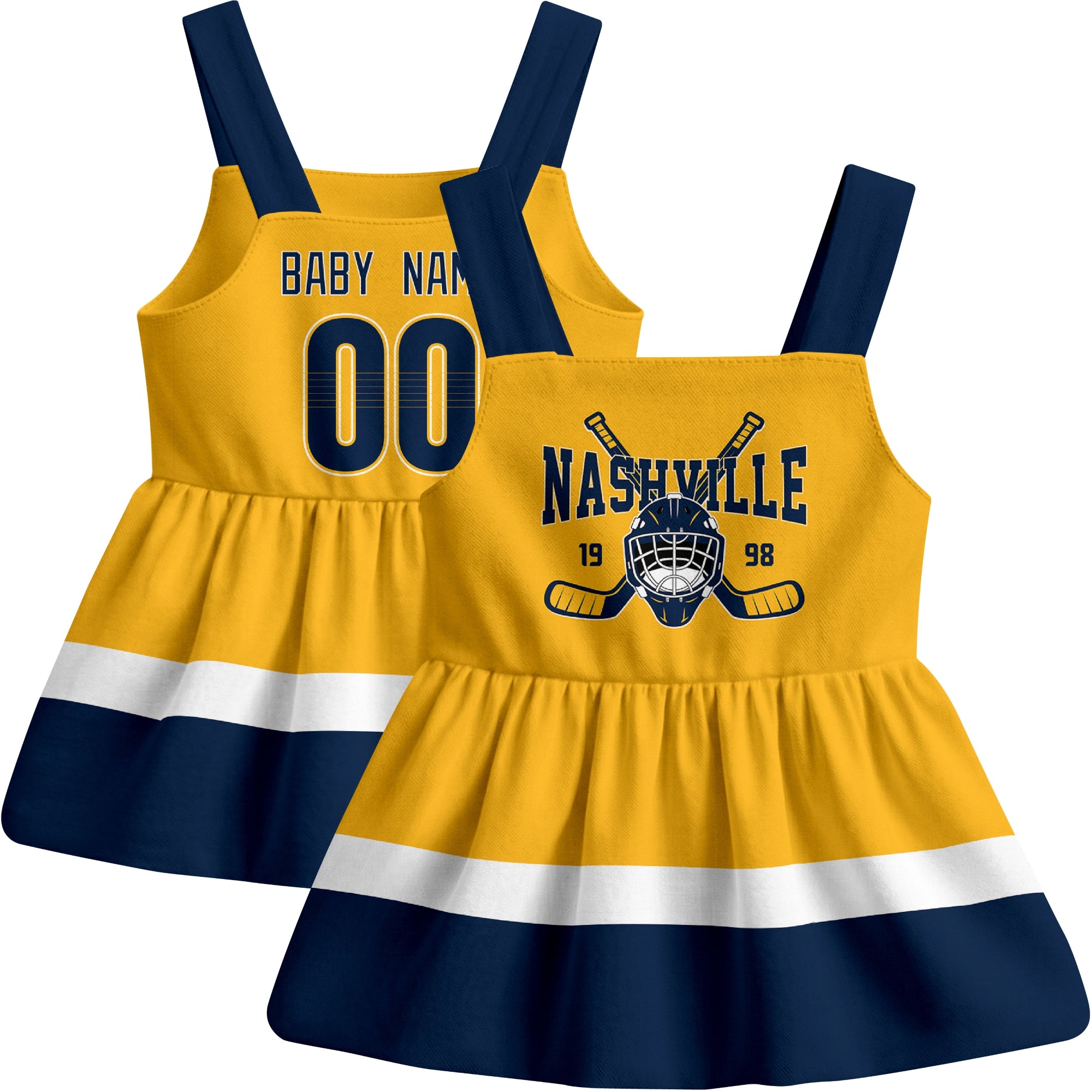 Nashville hockey baby suspender dress Gold style front and back view