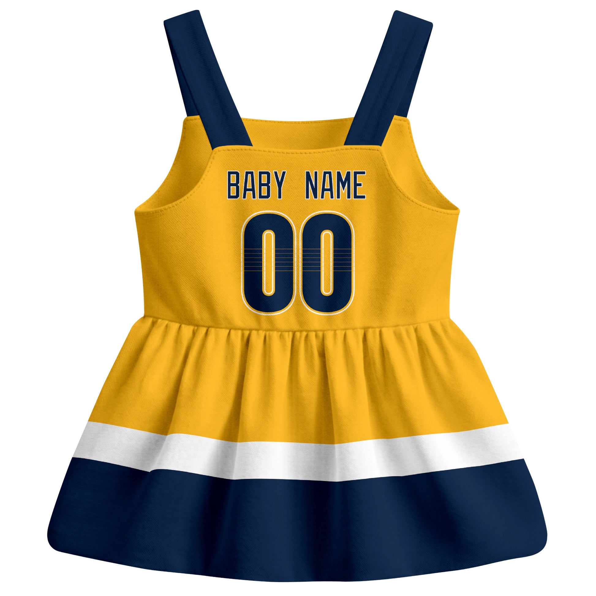 Nashville hockey baby suspender dress Gold style back view with custom baby name and number