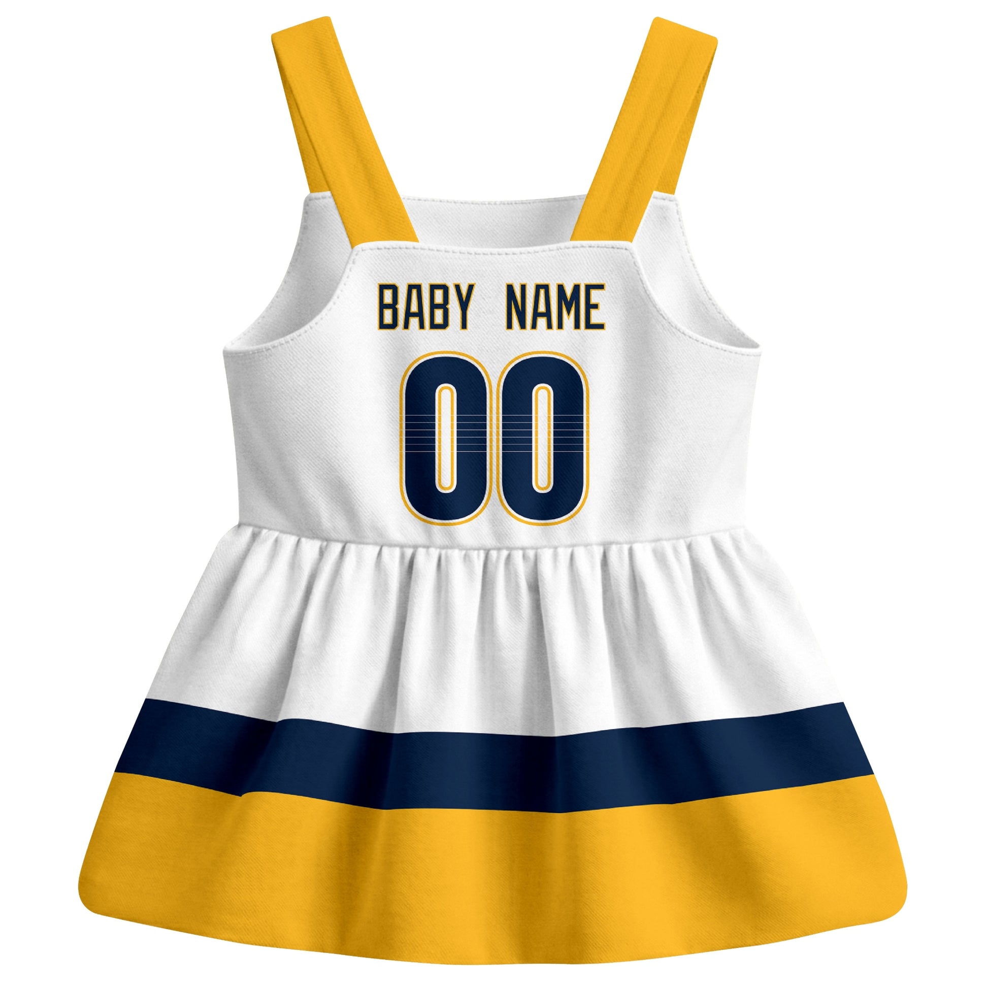 Nashville hockey baby suspender dress White style back view with custom baby name and number