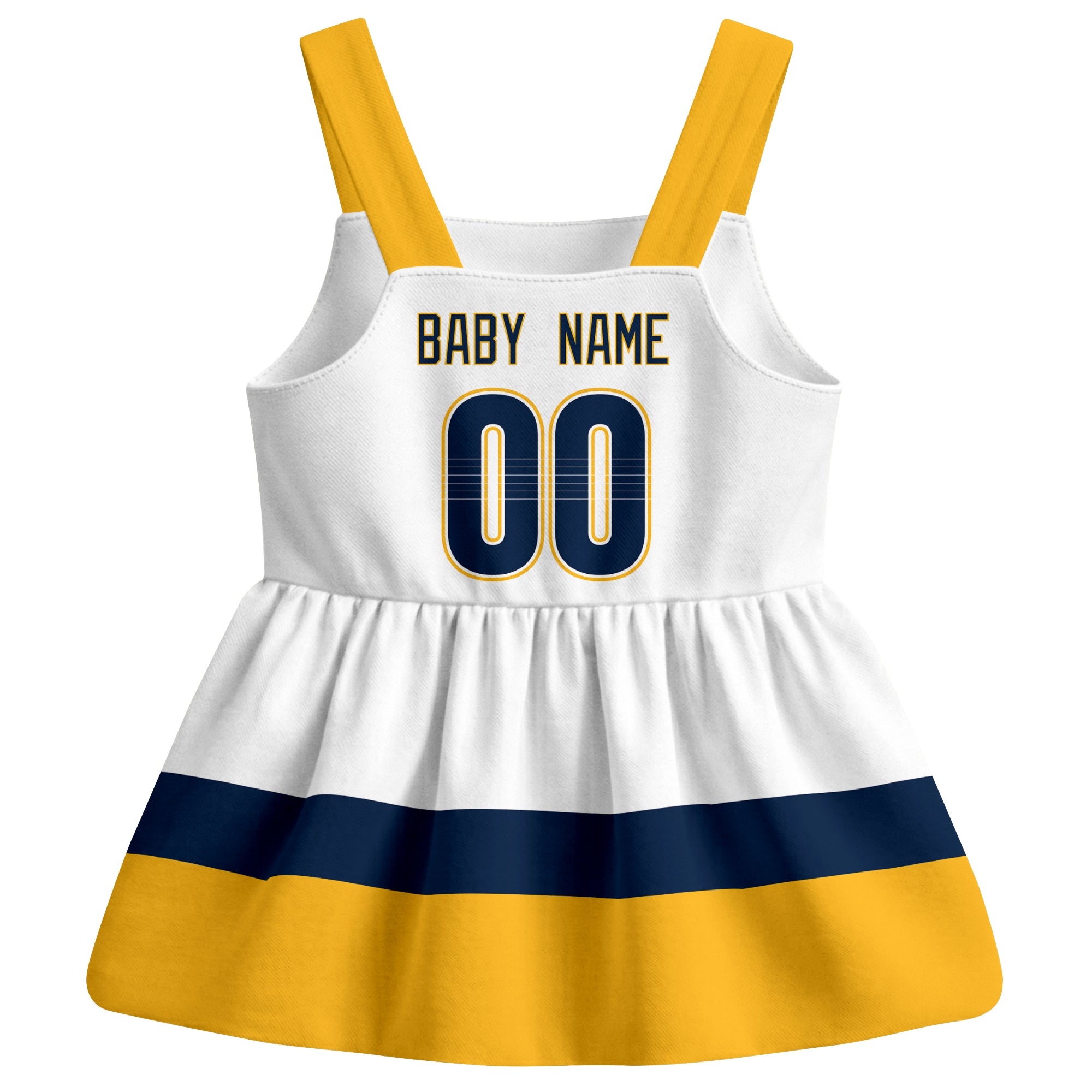 Nashville hockey baby suspender dress White style back view with custom baby name and number