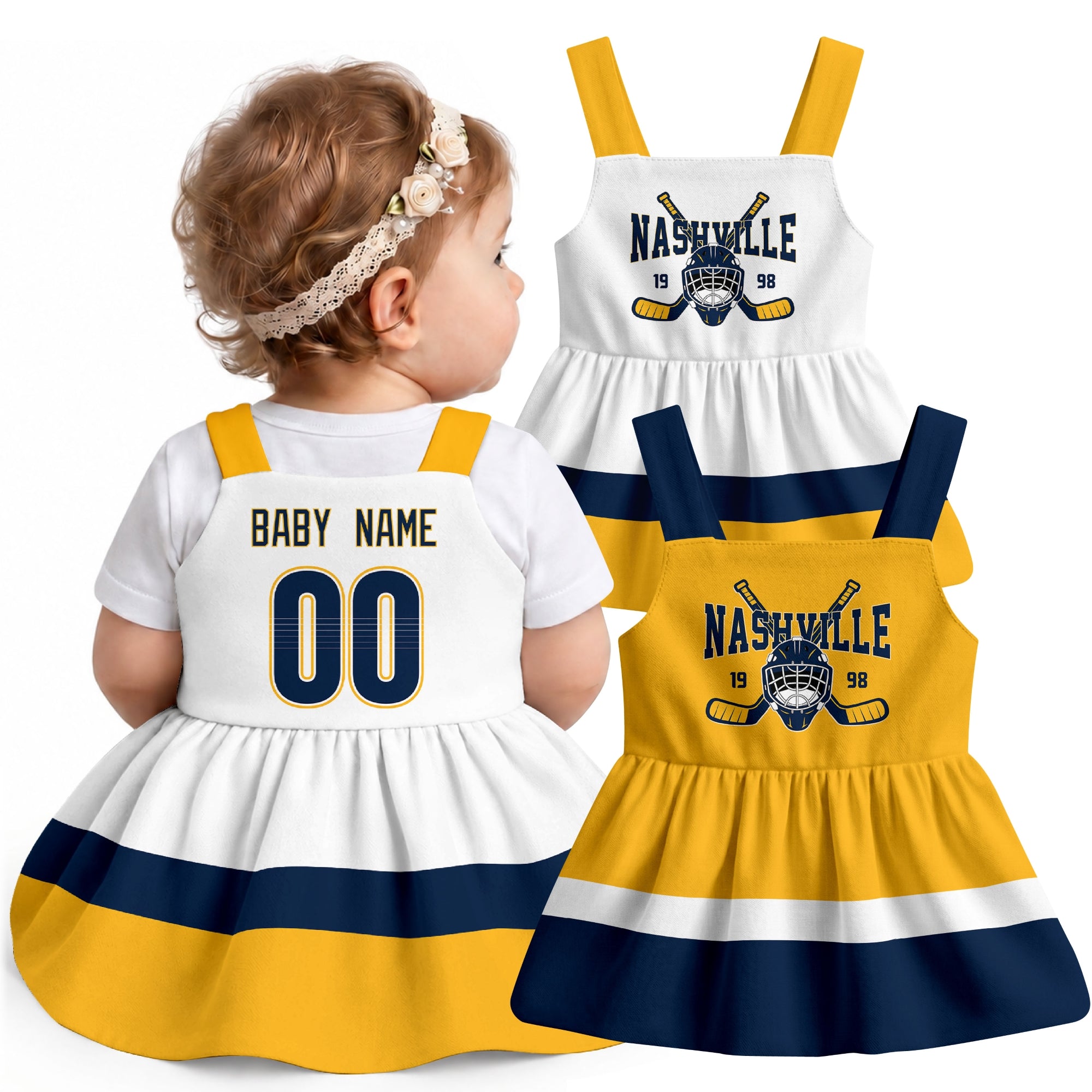Personalized Nashville hockey baby suspender dress shown on baby with Gold and White city-color styles