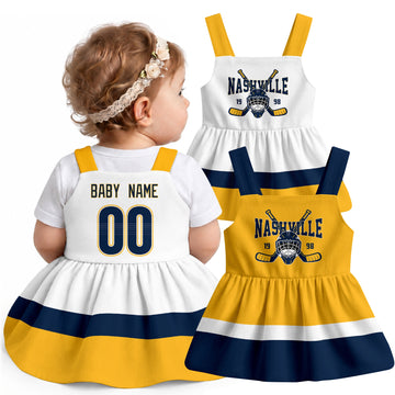 Personalized Nashville hockey baby suspender dress shown on baby with Gold and White city-color styles