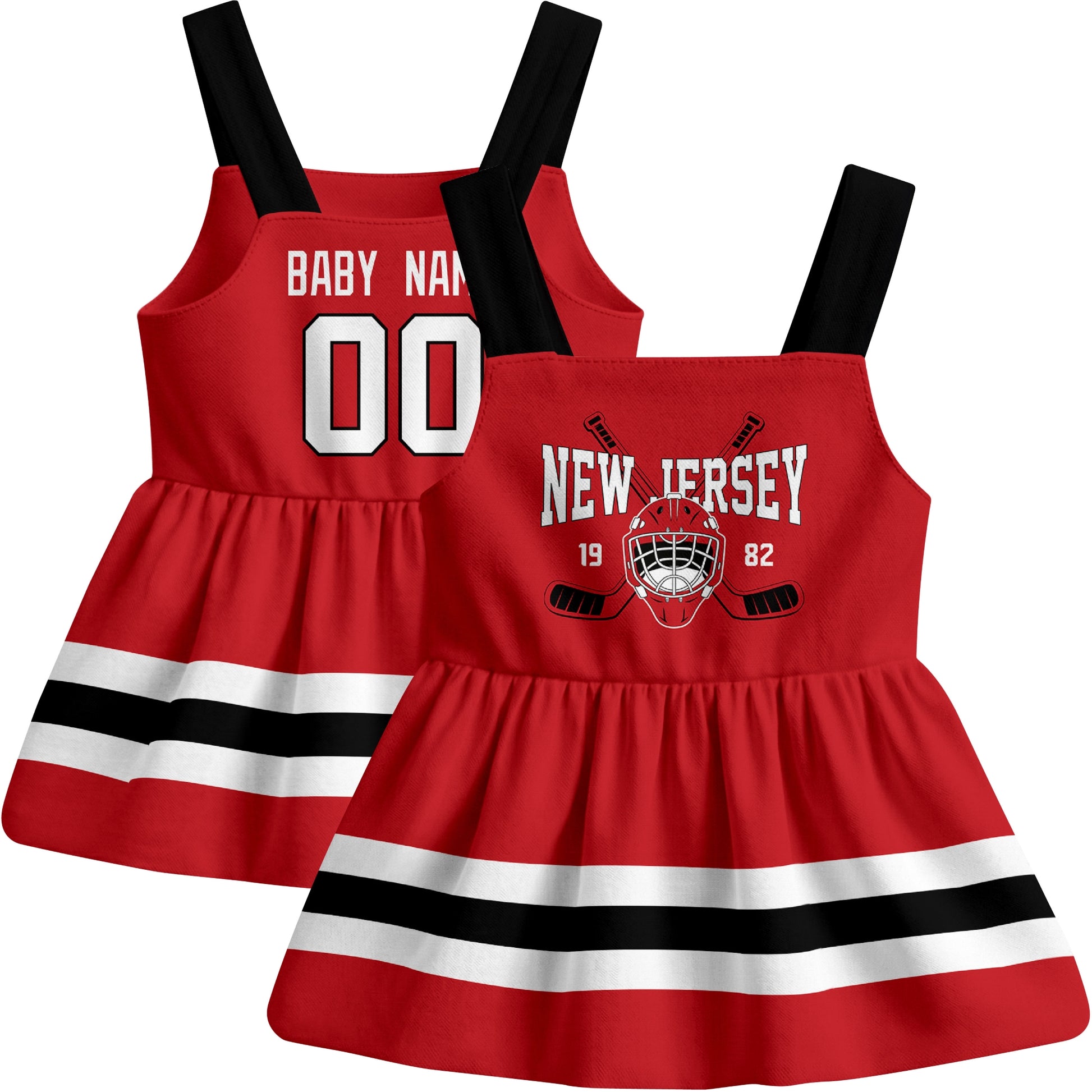 New Jersey hockey baby suspender dress Red style front and back view