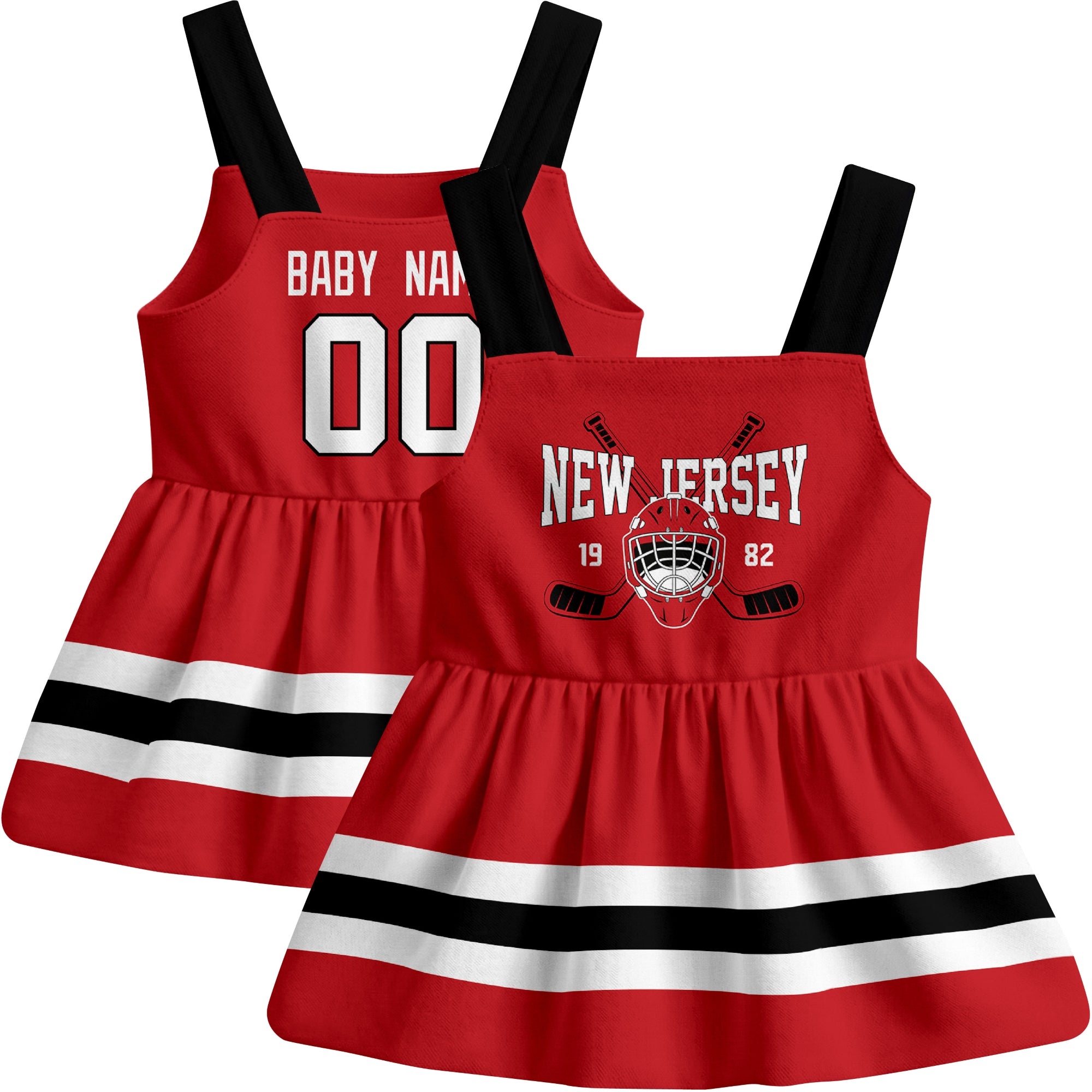 New Jersey hockey baby suspender dress Red style front and back view