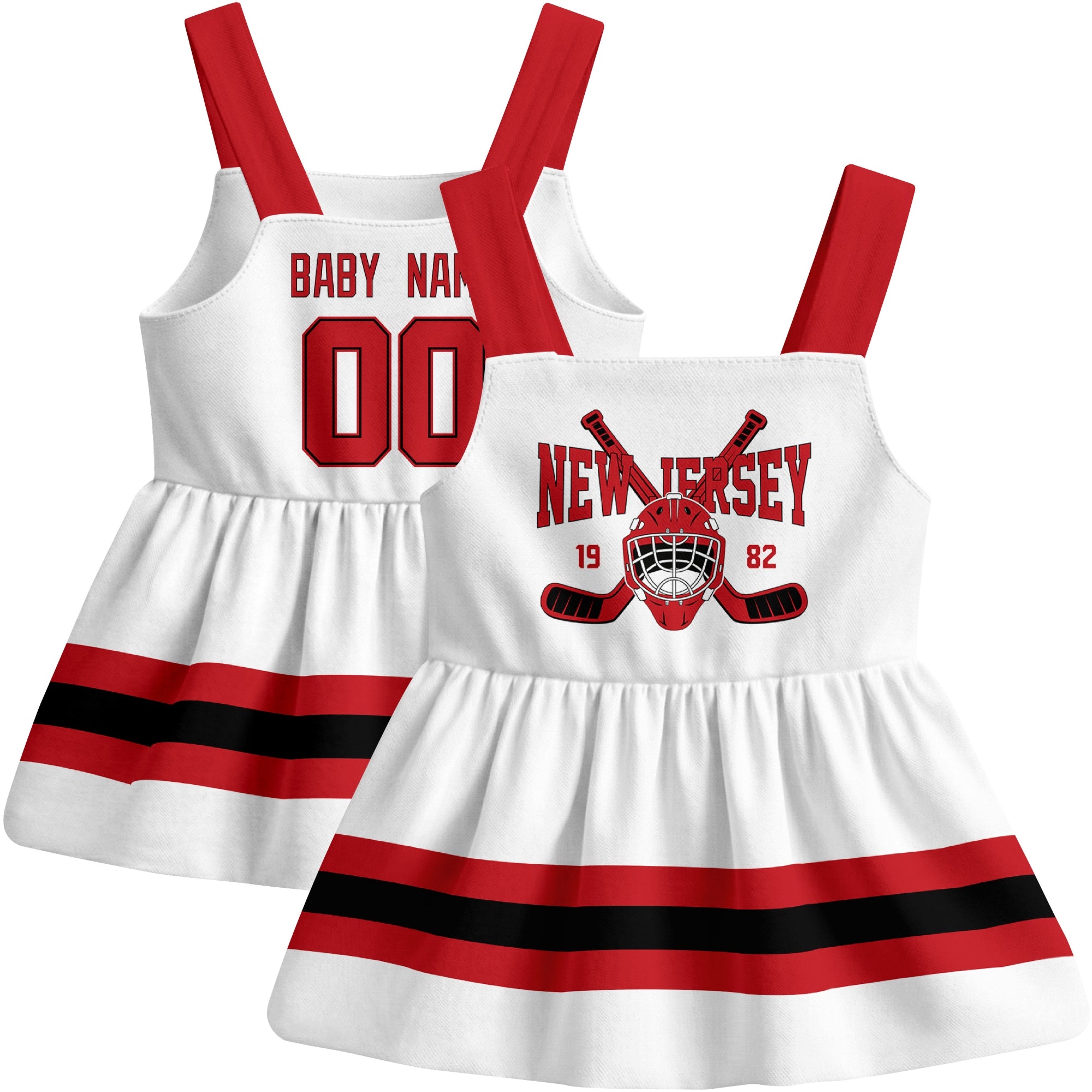 New Jersey hockey baby suspender dress White style front and back view