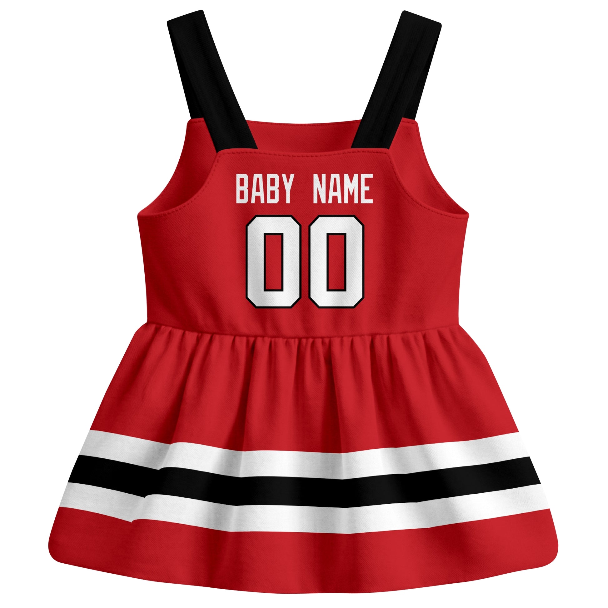 New Jersey hockey baby suspender dress Red style back view with custom baby name and number