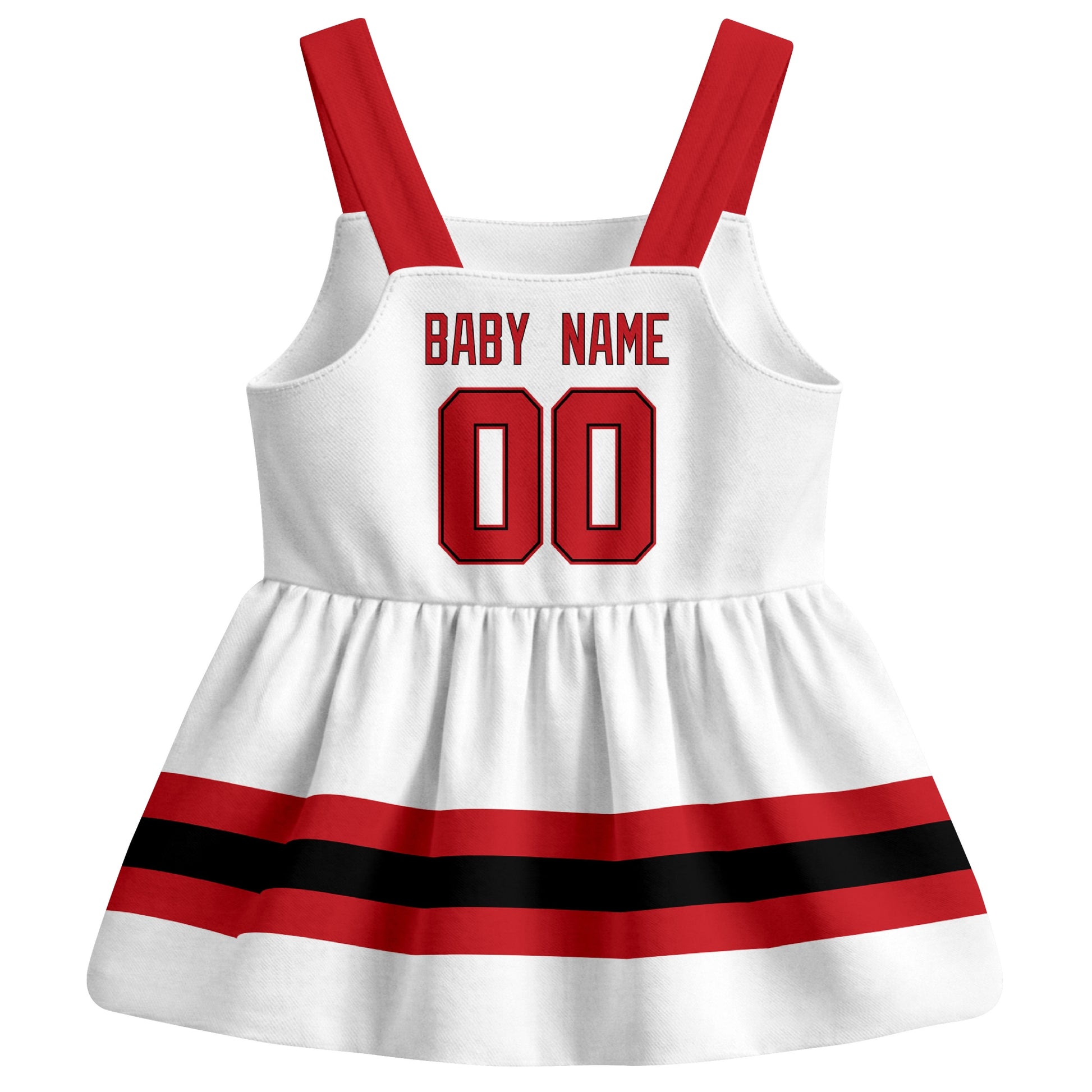 New Jersey hockey baby suspender dress White style back view with custom baby name and number