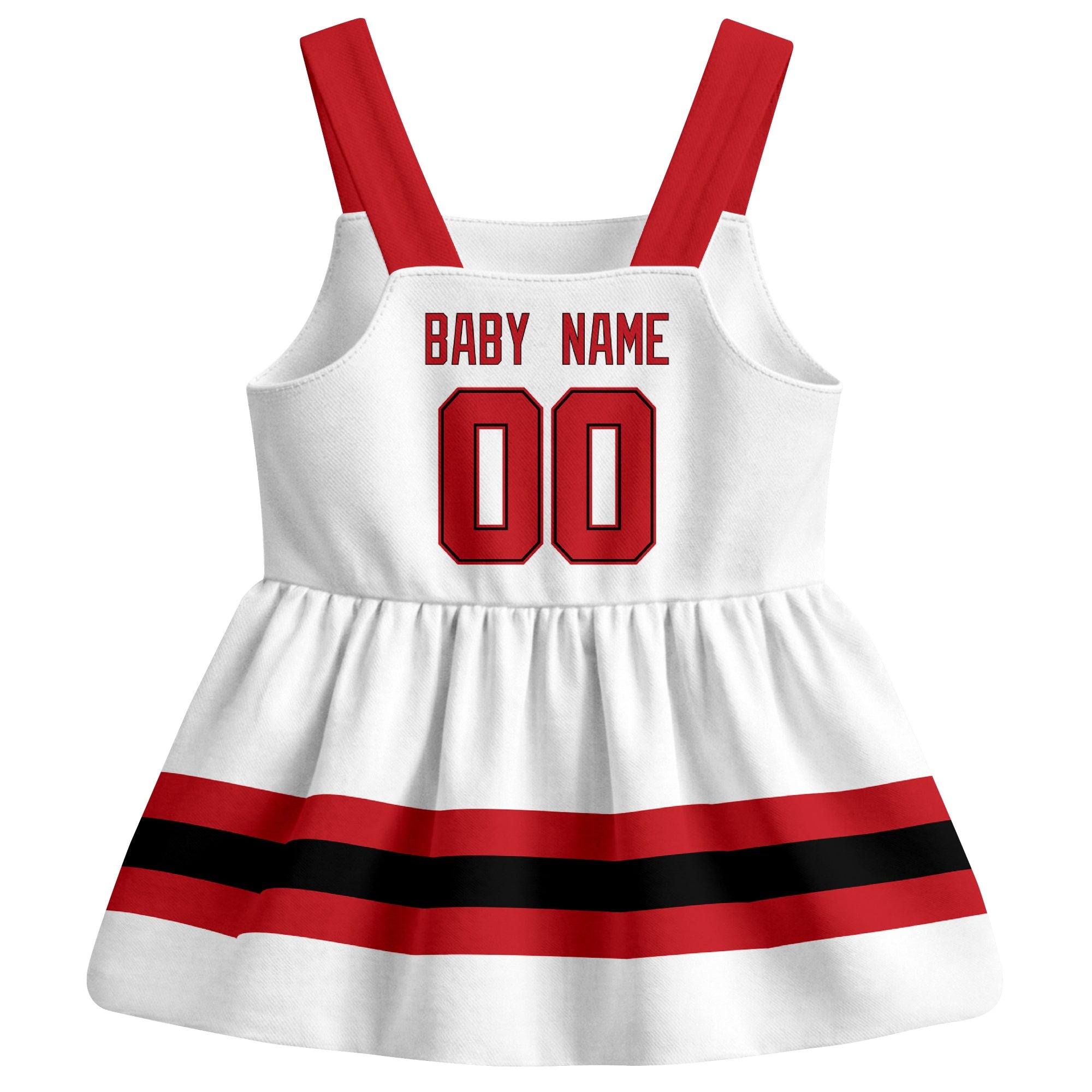New Jersey hockey baby suspender dress White style back view with custom baby name and number
